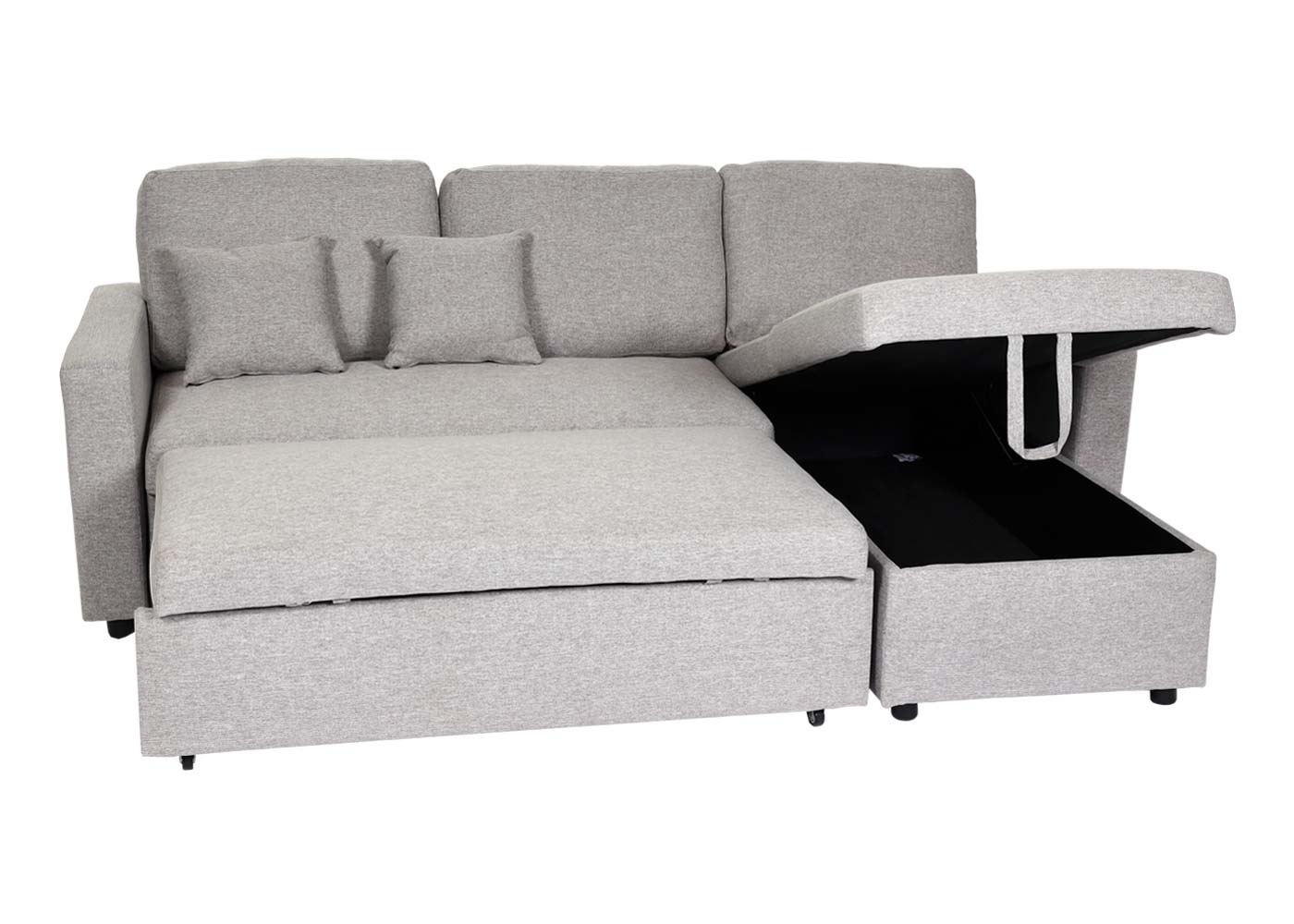 Hoekbank met bed box MCW-L17, bank L-vorm, ligvlak Nosag vering 228cm ~ grijs