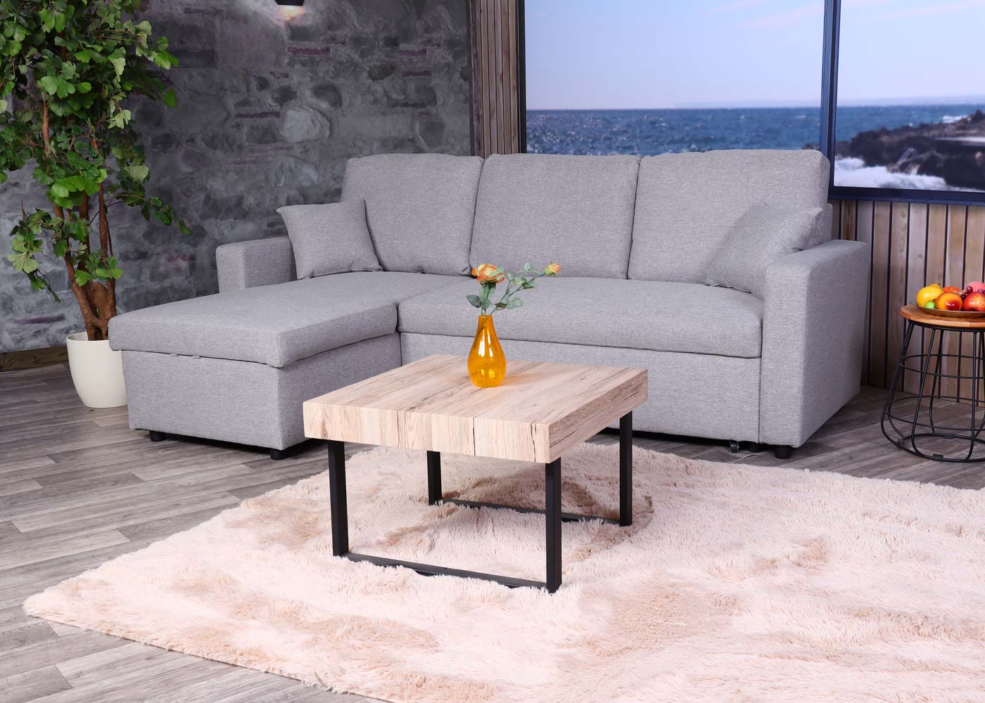 Hoekbank met bed box MCW-L17, bank L-vorm, ligvlak Nosag vering 228cm ~ grijs
