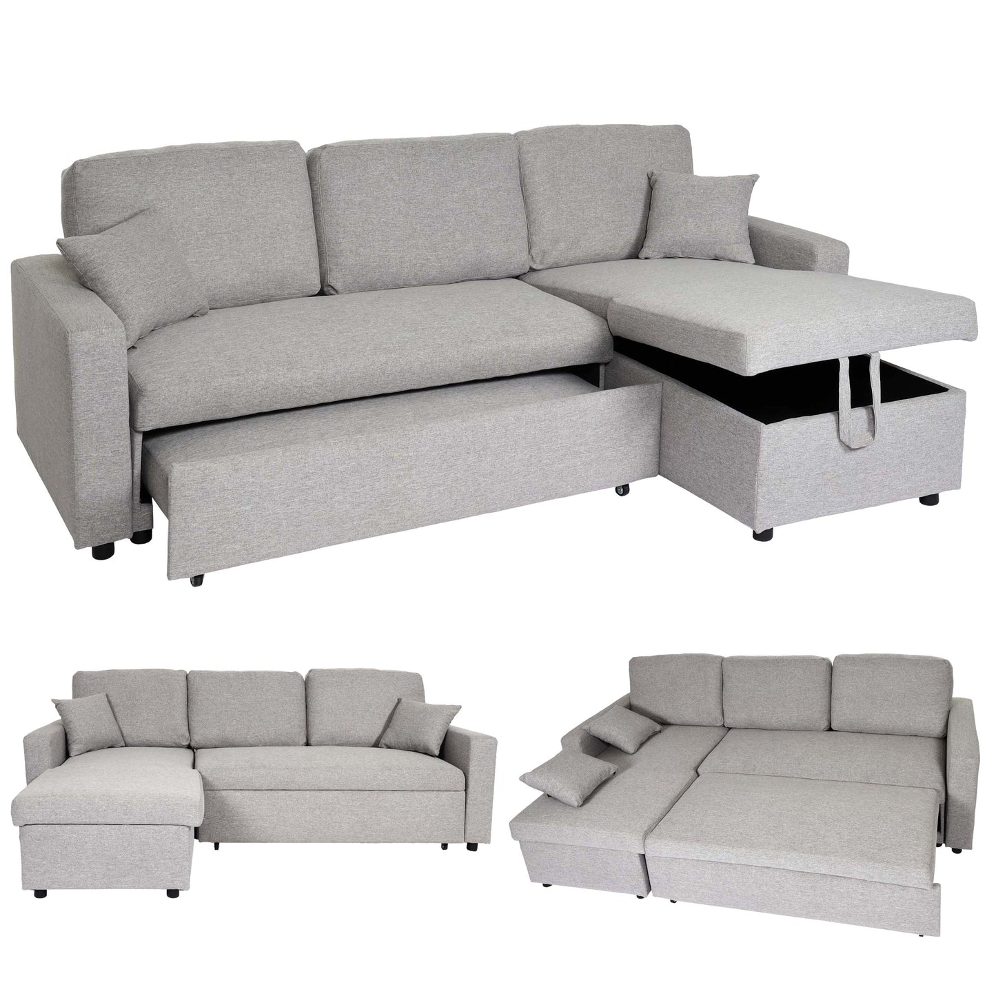 Hoekbank met bed box MCW-L17, bank L-vorm, ligvlak Nosag vering 228cm ~ grijs