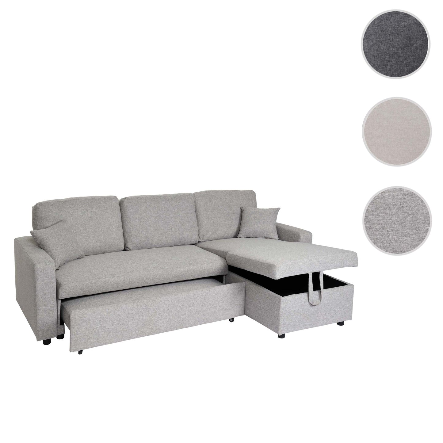 Hoekbank met bed box MCW-L17, bank L-vorm, ligvlak Nosag vering 228cm ~ grijs