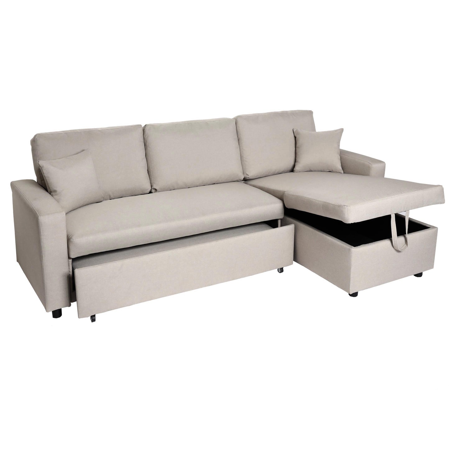 Hoekbank met bed box MCW-L17, bank L-vorm, ligvlak Nosag vering 228cm ~ beige
