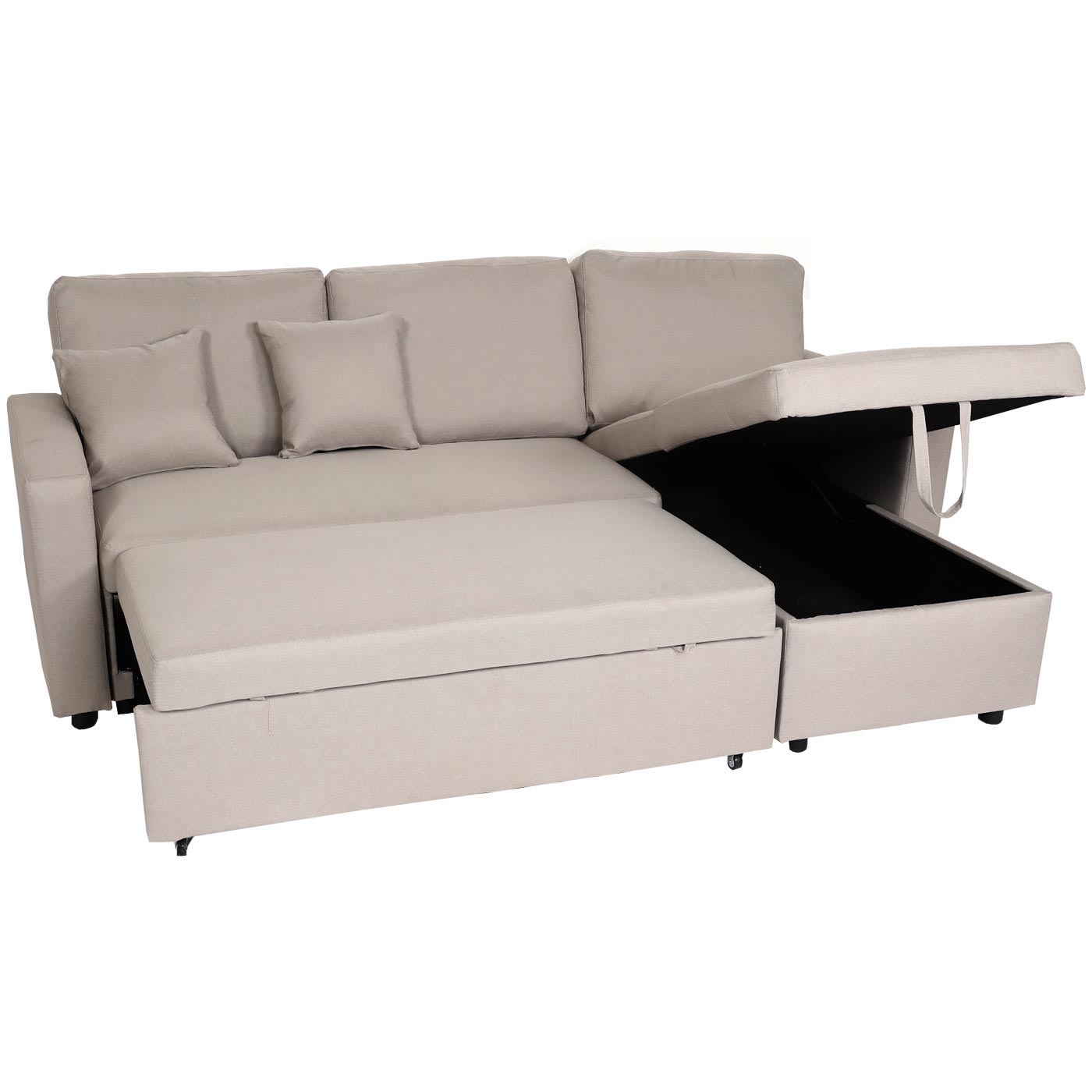 Hoekbank met bed box MCW-L17, bank L-vorm, ligvlak Nosag vering 228cm ~ beige