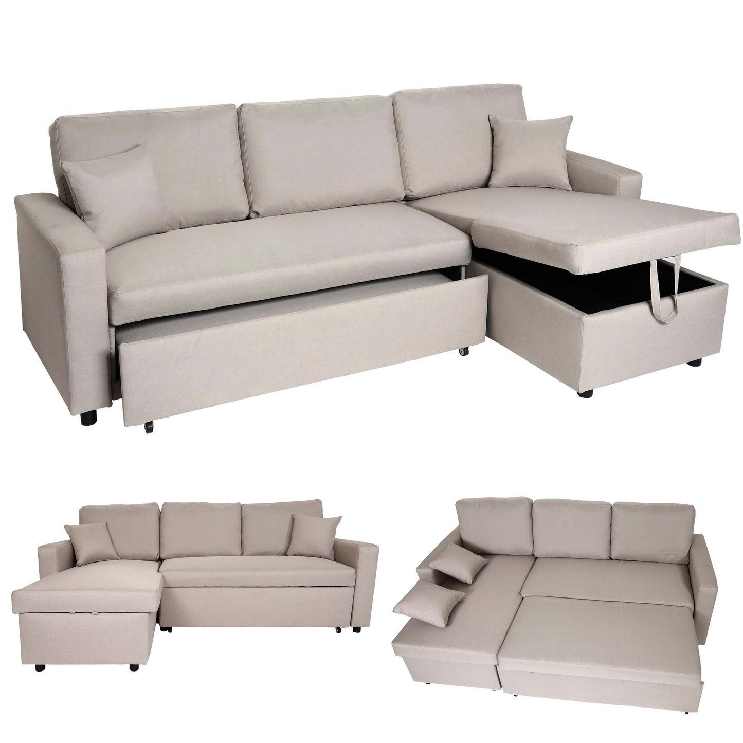 Hoekbank met bed box MCW-L17, bank L-vorm, ligvlak Nosag vering 228cm ~ beige