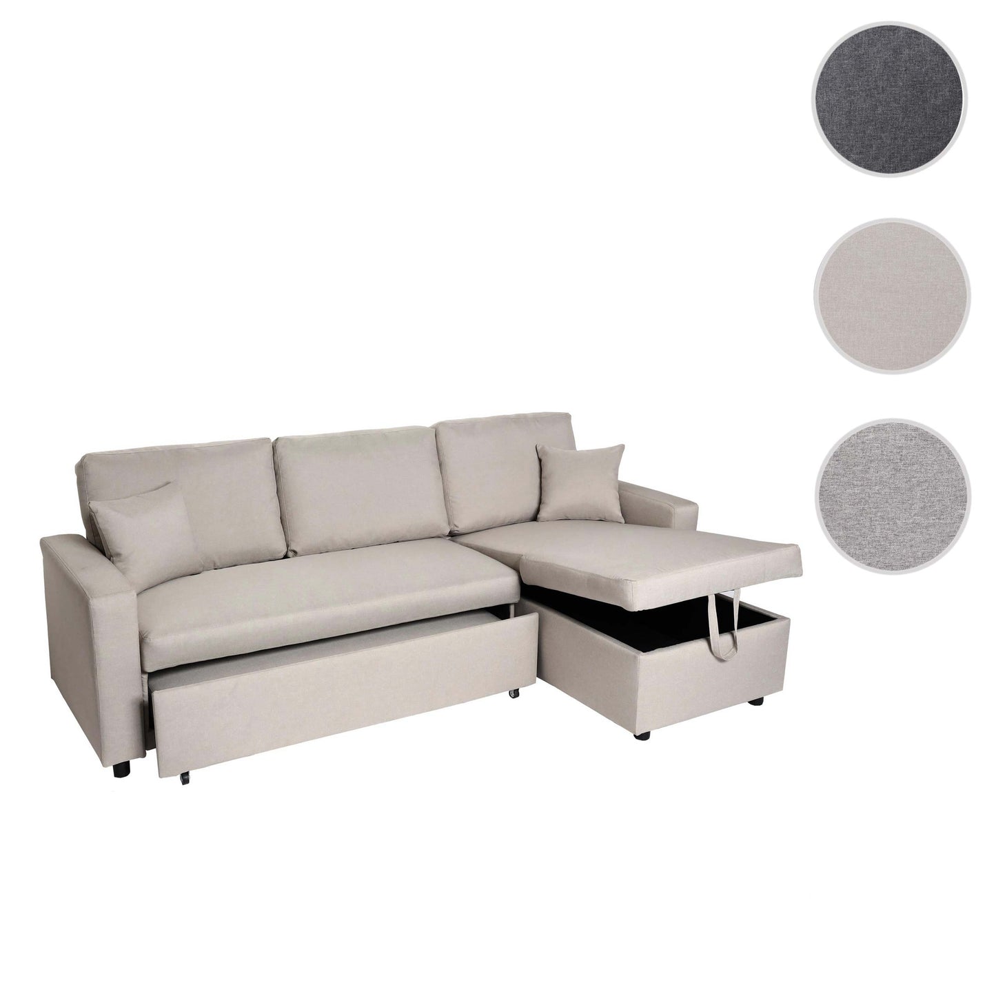 Hoekbank met bed box MCW-L17, bank L-vorm, ligvlak Nosag vering 228cm ~ beige
