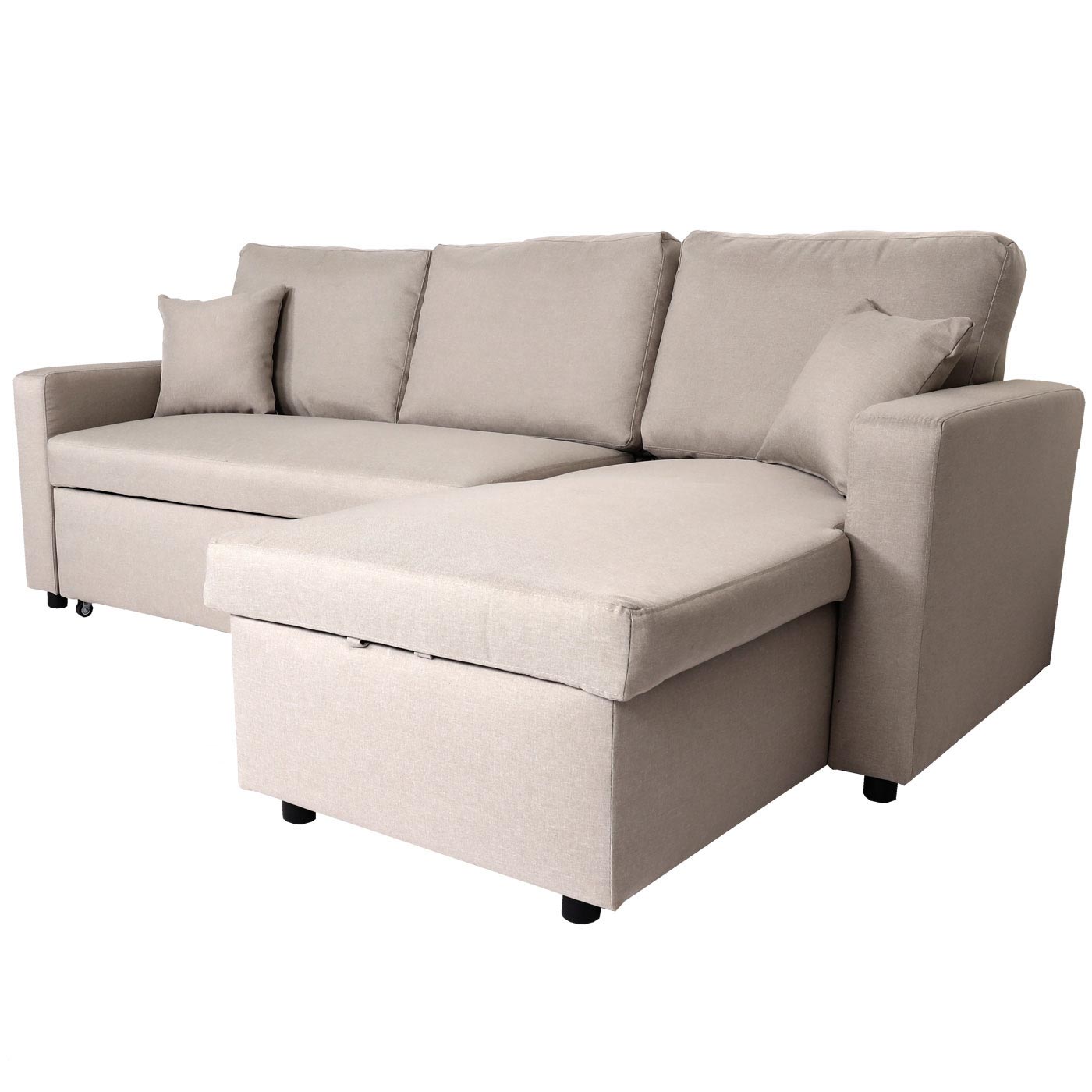 Hoekbank met bed box MCW-L17, bank L-vorm, ligvlak Nosag vering 228cm ~ beige