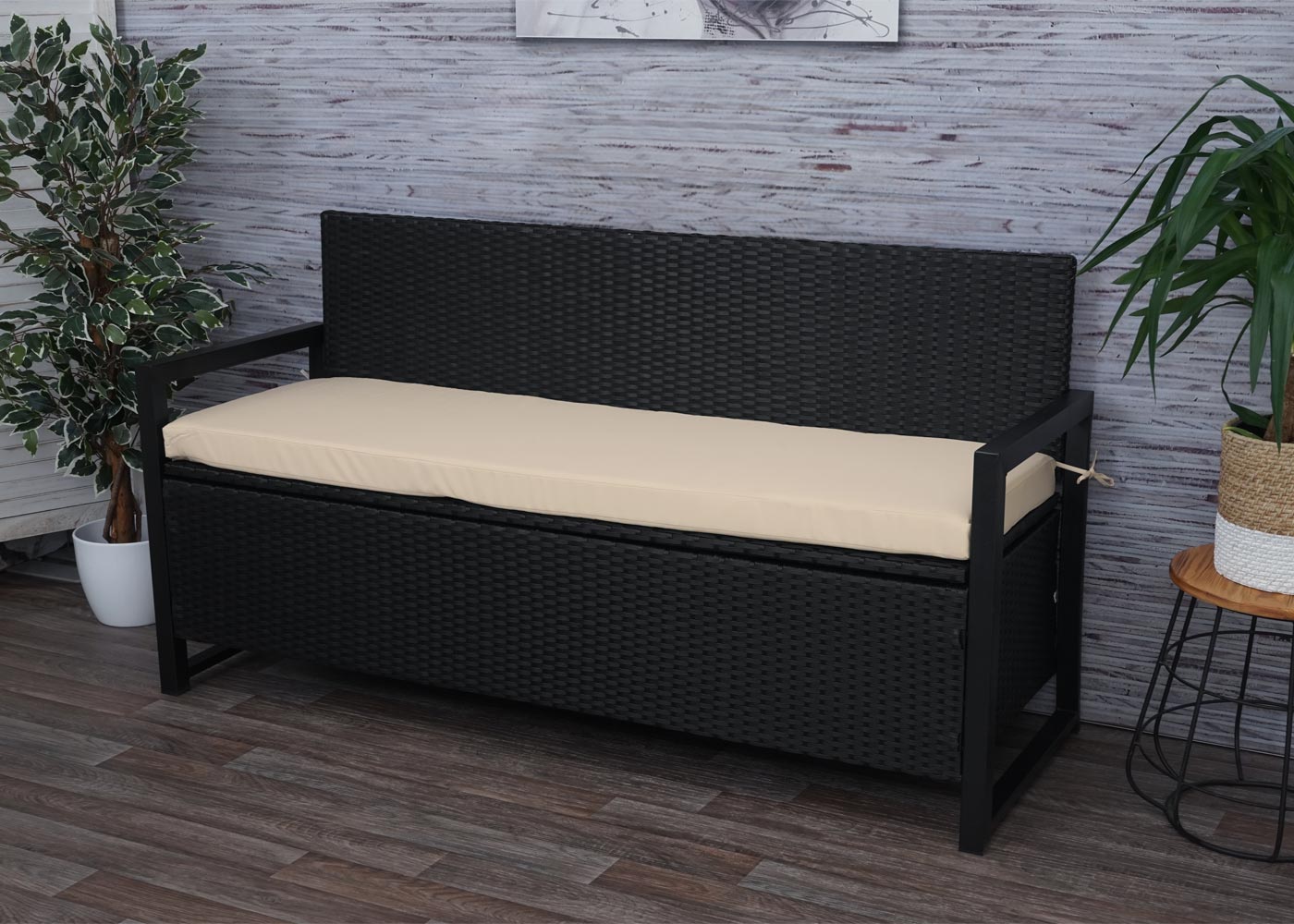 Poly-rattan 3-zitsbank MCW-F39, tuinbank kistbank, opbergvak zitkussens ~ antraciet, kussens beige