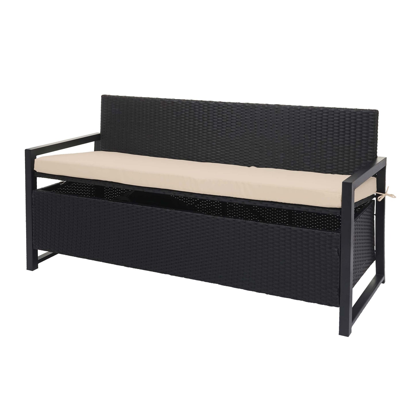 Poly-rattan 3-zitsbank MCW-F39, tuinbank kistbank, opbergvak zitkussens ~ antraciet, kussens beige