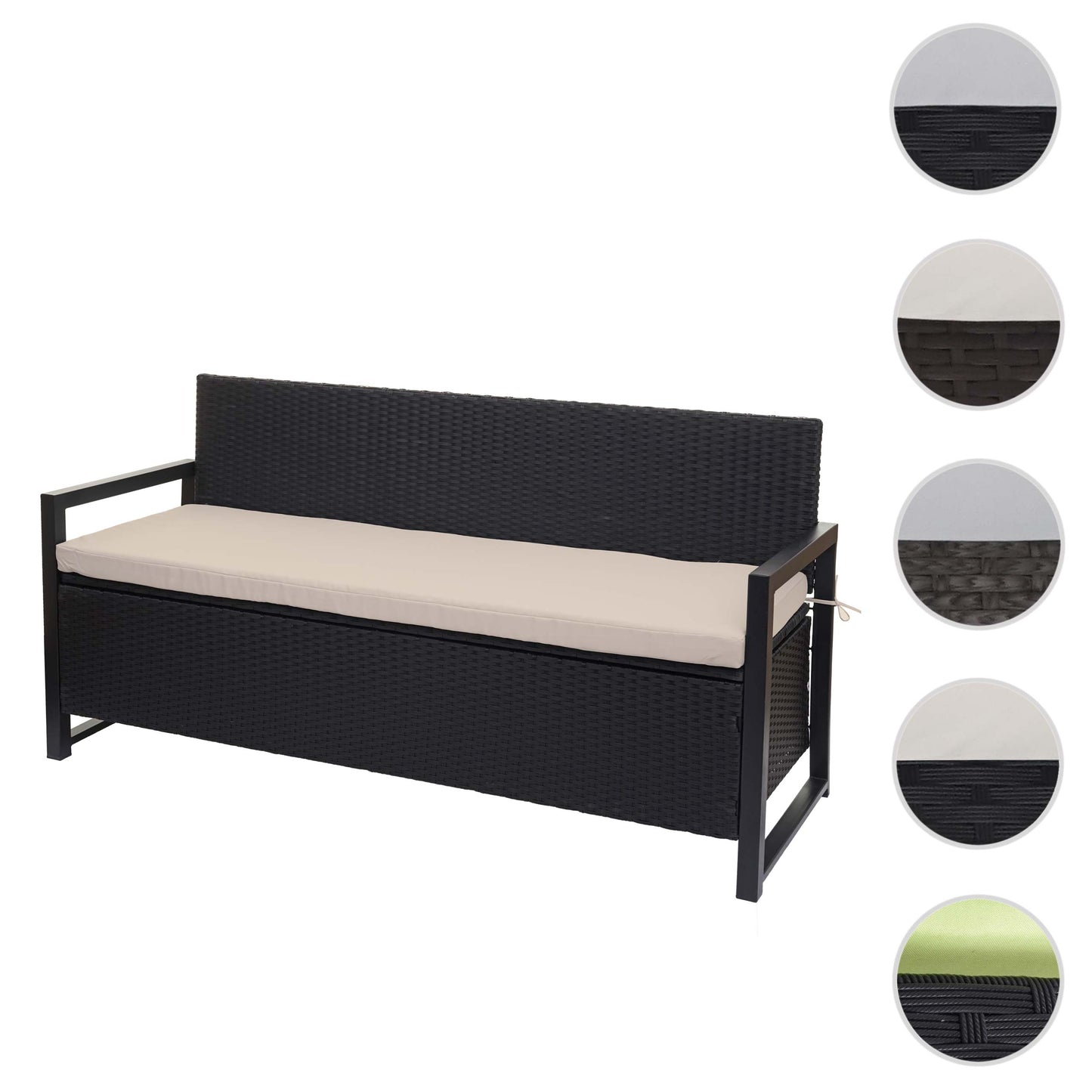 Poly-rattan 3-zitsbank MCW-F39, tuinbank kistbank, opbergvak zitkussens ~ antraciet, kussens beige