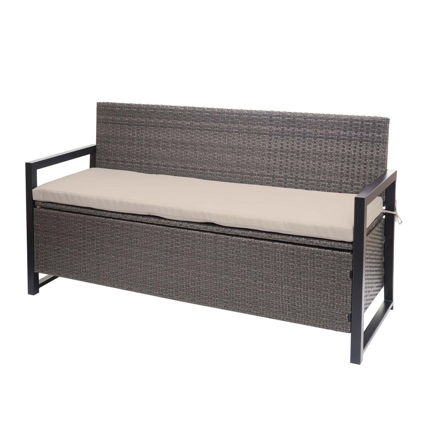 Poly-rattan 3-zitsbank MCW-F39, tuinbank kistbank, opbergvak opbergkussens zitting ~ grijs-gemêleerd, kussens beige