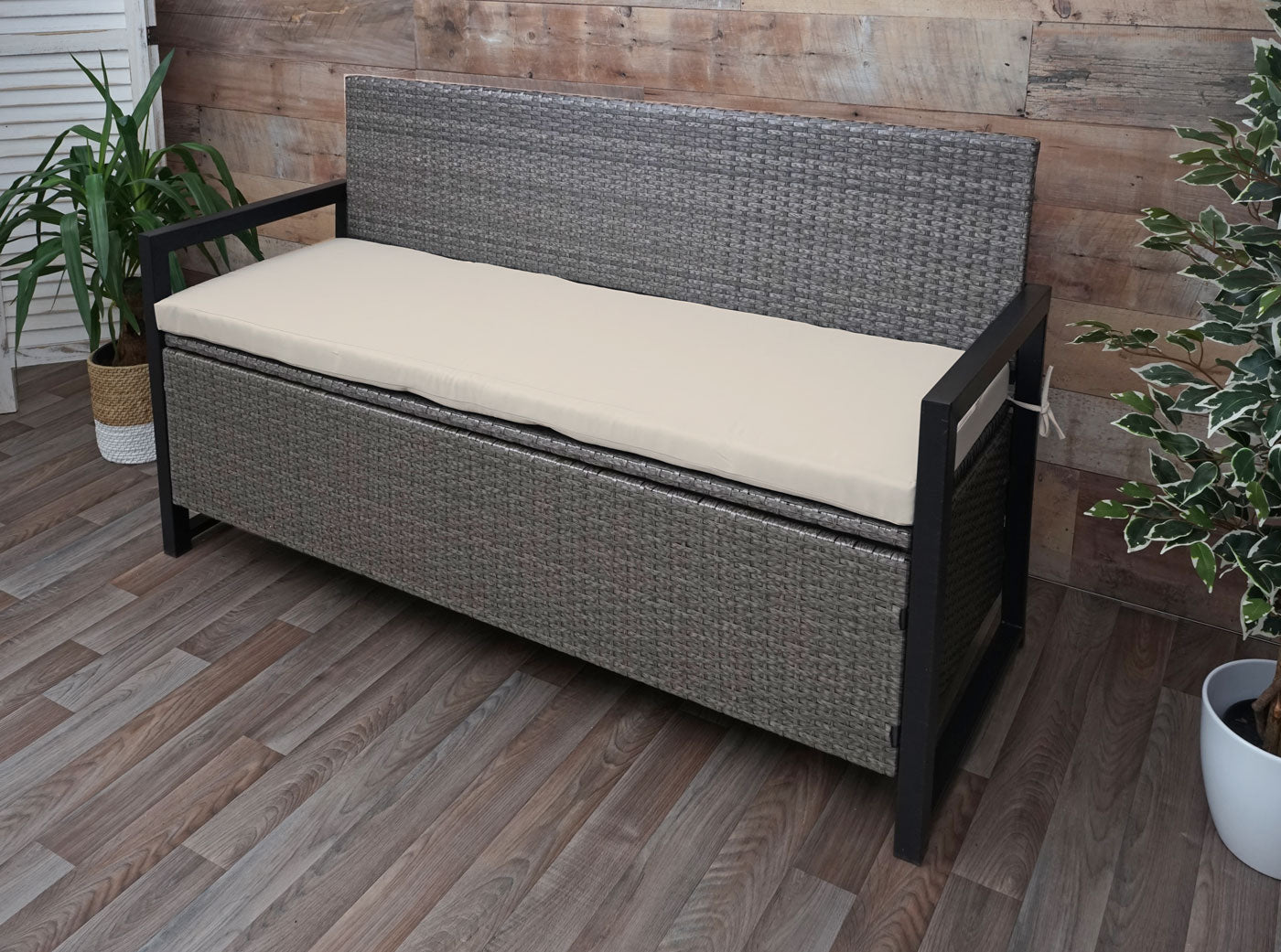 Poly-rattan 3-zitsbank MCW-F39, tuinbank kistbank, opbergvak opbergkussens zitting ~ grijs-gemêleerd, kussens beige