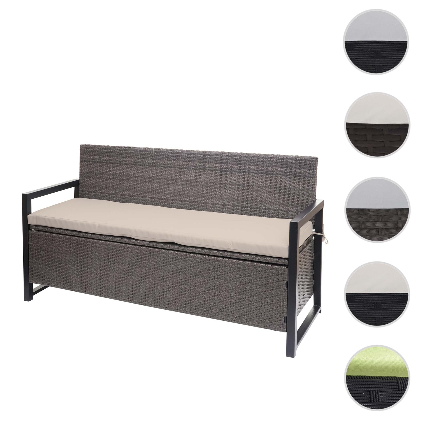 Poly-rattan 3-zitsbank MCW-F39, tuinbank kistbank, opbergvak opbergkussens zitting ~ grijs-gemêleerd, kussens beige