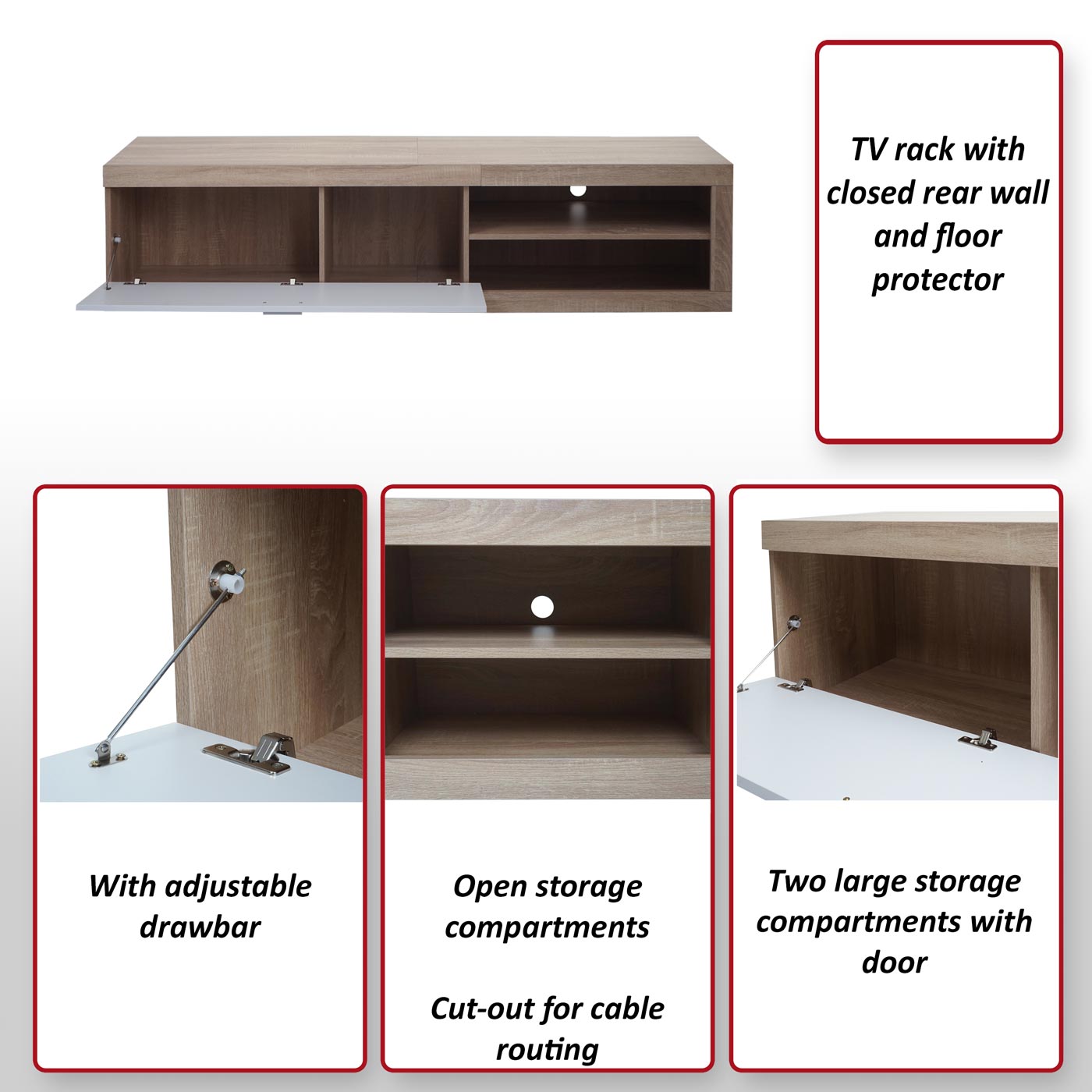 TV-rek MCW-L33, TV-standaard TV-tafel lowboard TV-kast ladekast, hout 43x180x41cm opbergvak, eiken-look, wit
