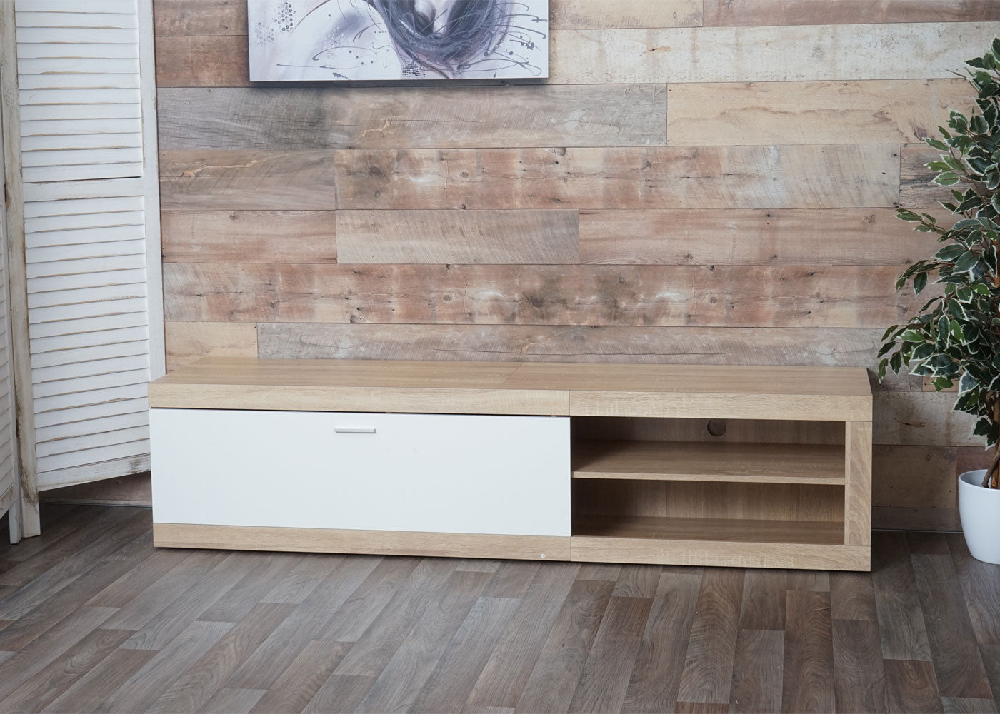 TV-rek MCW-L33, TV-standaard TV-tafel lowboard TV-kast ladekast, hout 43x180x41cm opbergvak, eiken-look, wit