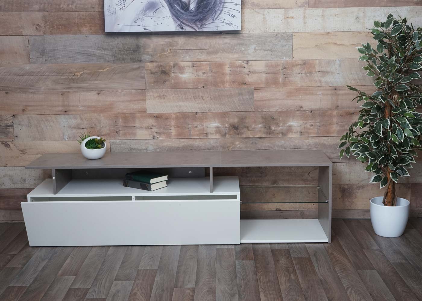 TV-rek MCW-L35, lowboard TV-tafel dressoir TV-meubel ladekast, hout 47x170x40cm opbergvak, wit betonlook