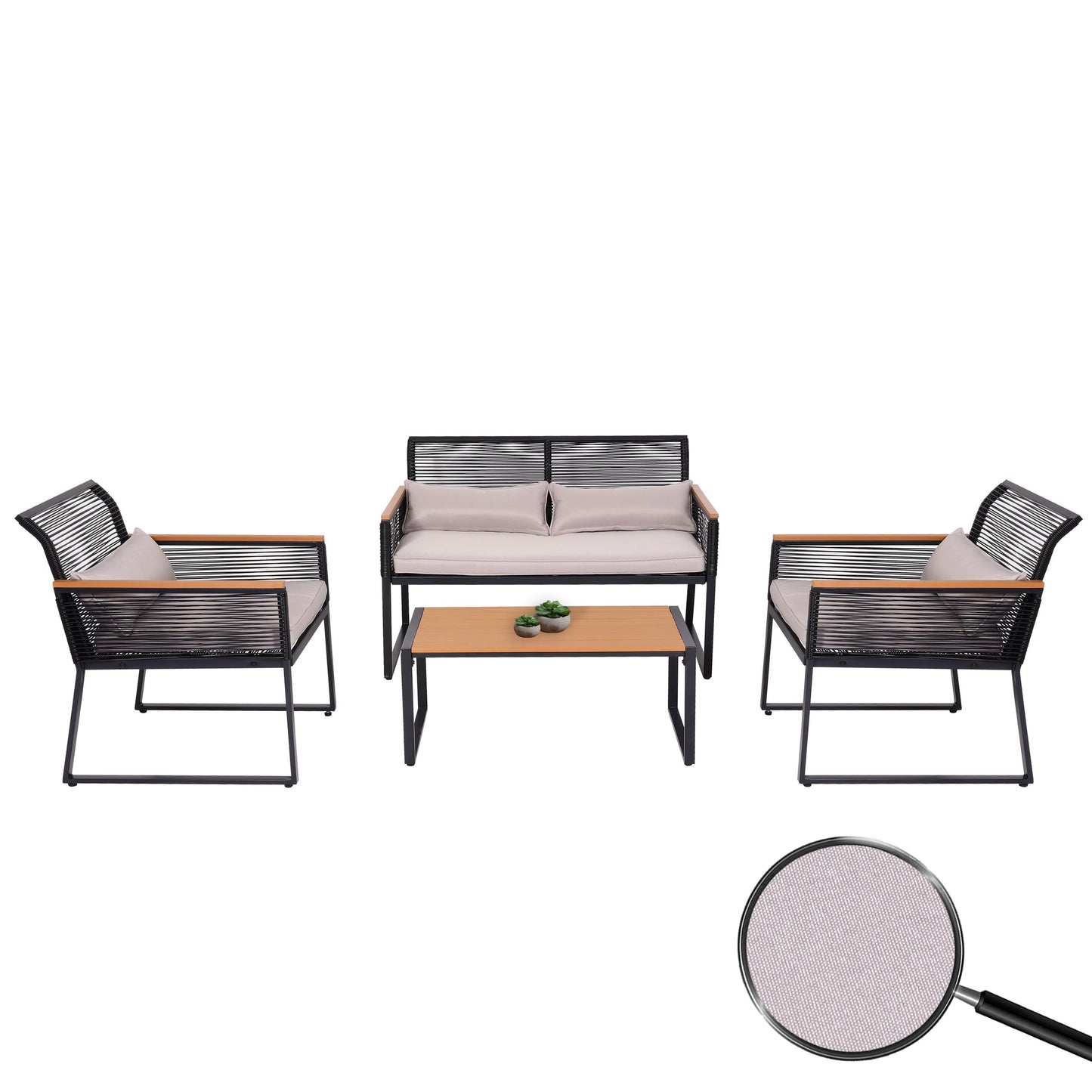 Tuinset MCW-K42, tuin loungeset bank, rope weave Rope houtlook staal, lichtgrijze bekleding