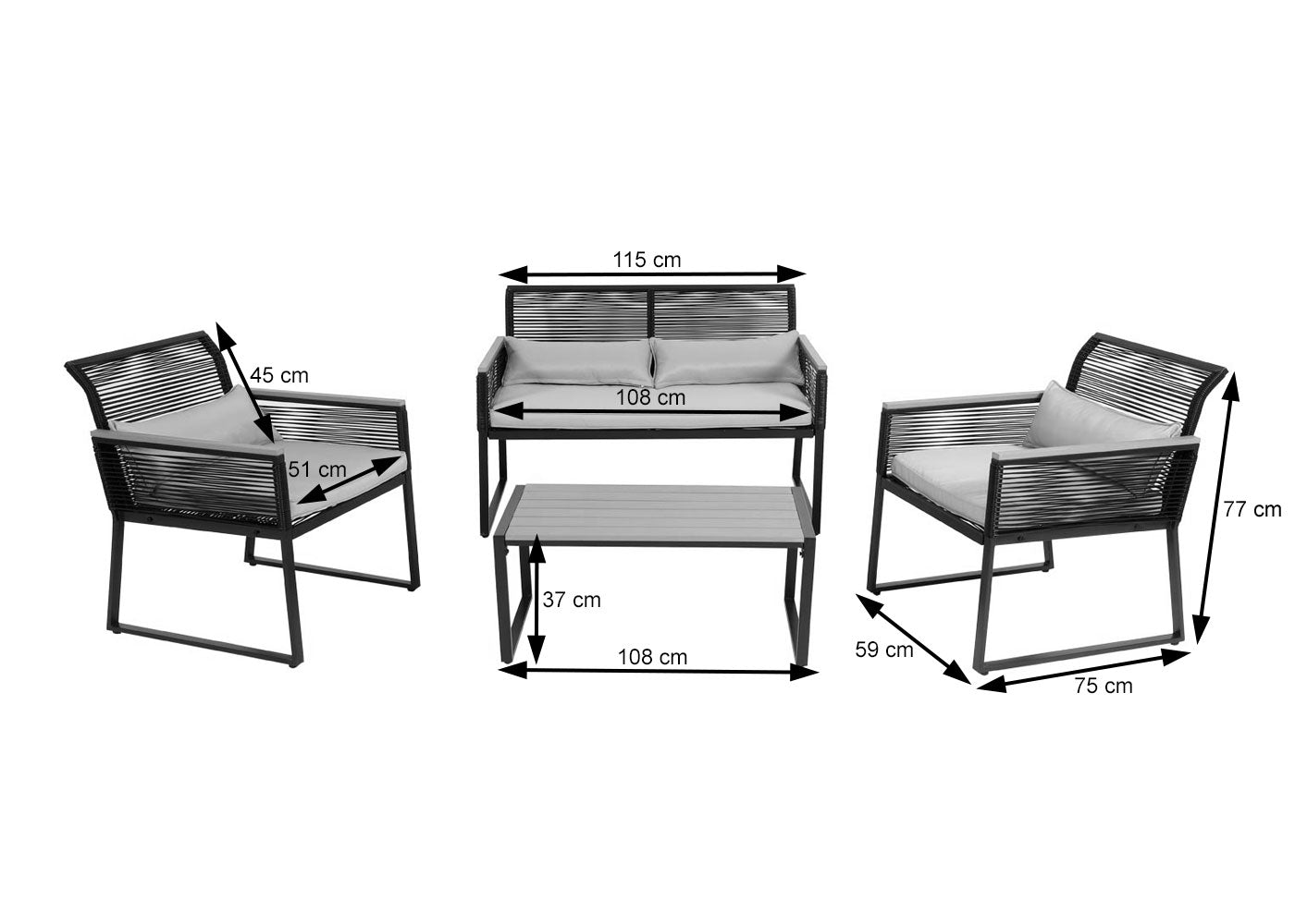 Tuinset MCW-K42, tuin loungeset bank, rope weave Rope houtlook staal, lichtgrijze bekleding
