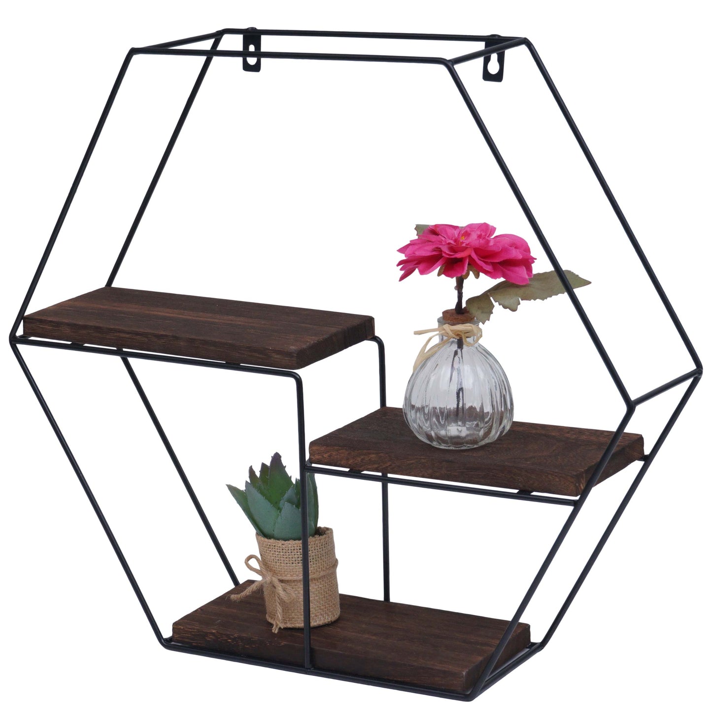 Wandplank MCW-K76, Hangende plank Zwevende plank, 3 planken Metalen massief hout Industrieel 43x49x11cm ~ donkerbruin