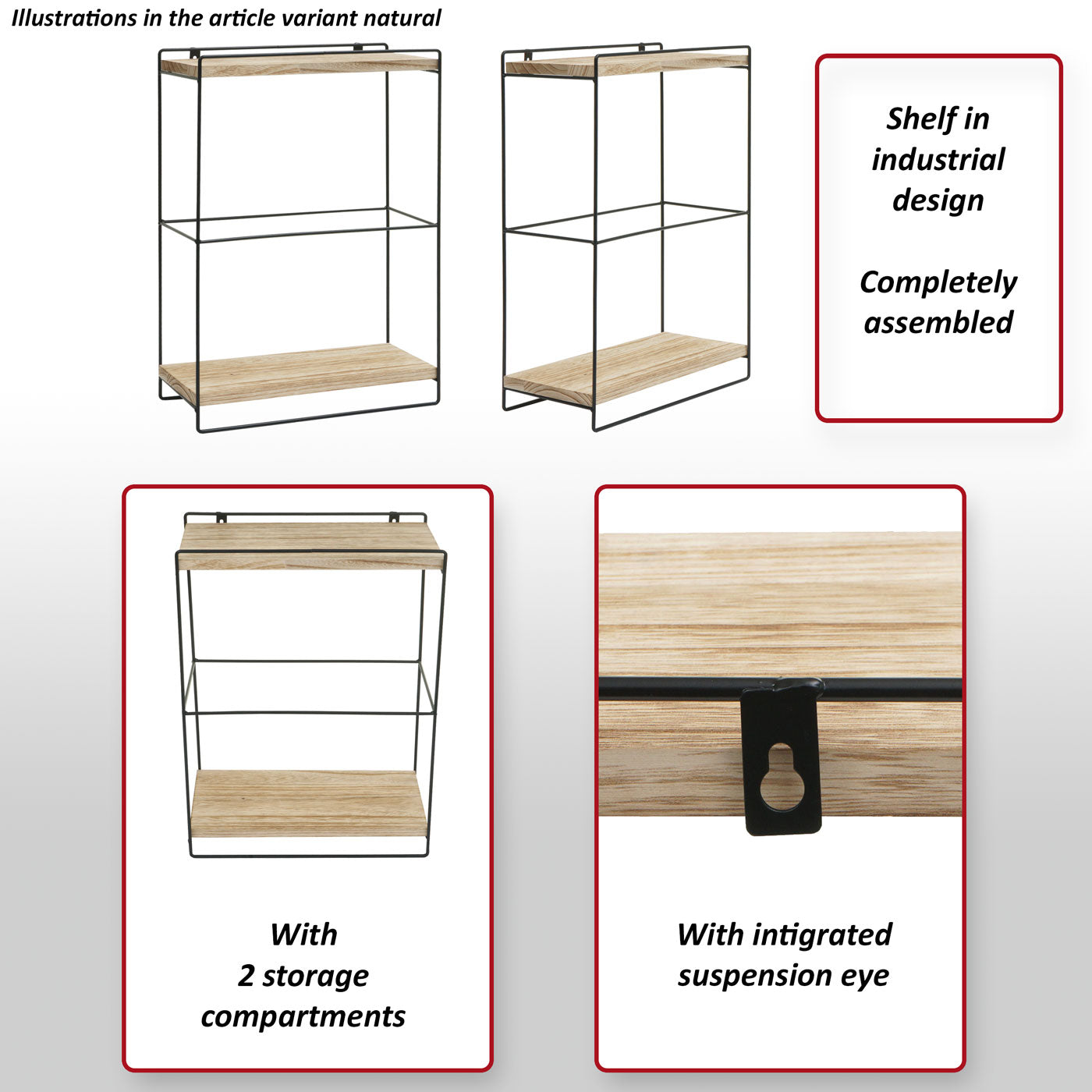 Wandplank MCW-K77, hangende plank Keukenplank, massief hout metaal Industrieel 2 planken 50x35x17cm ~ natuur