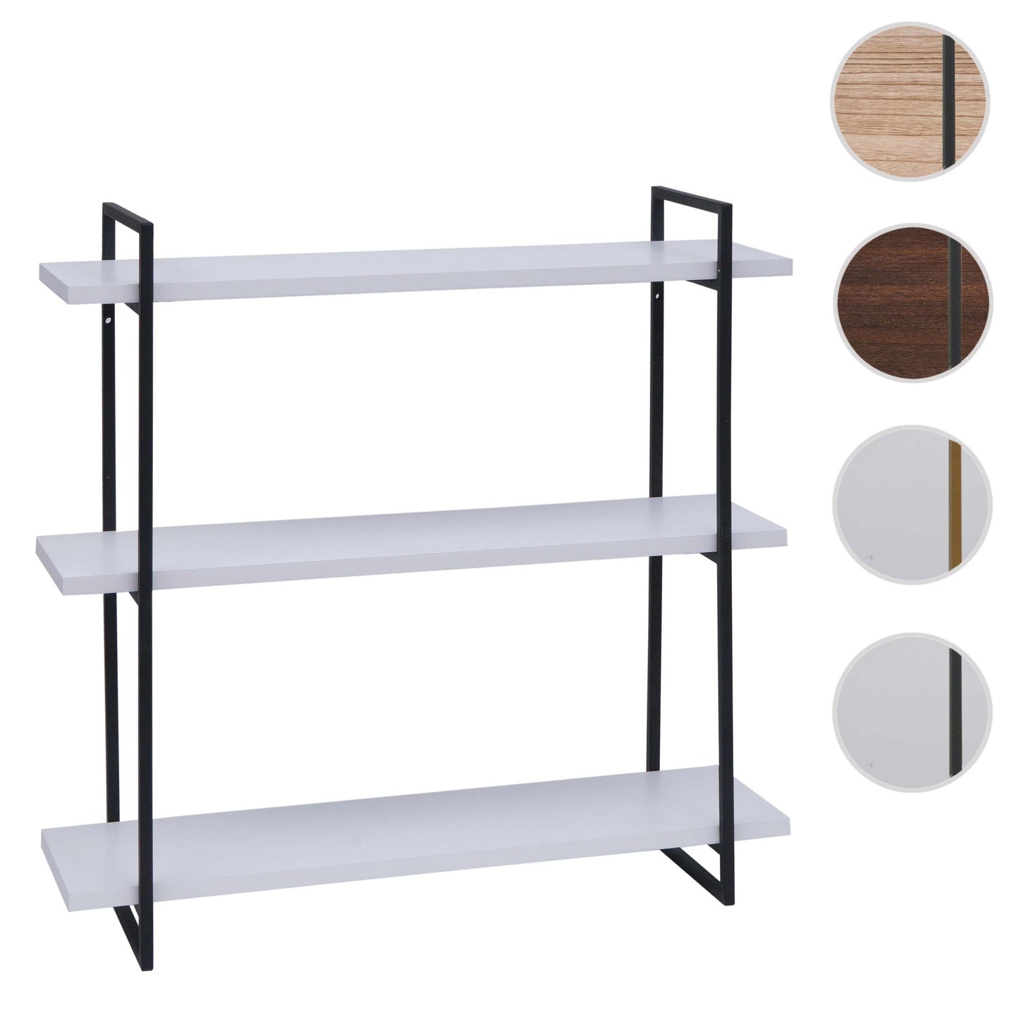 Wandplank MCW-K78, hangende plank, zwevende plank, 3 planken massief hout industrieel 60x60x18cm ~ wit, metaal zwart