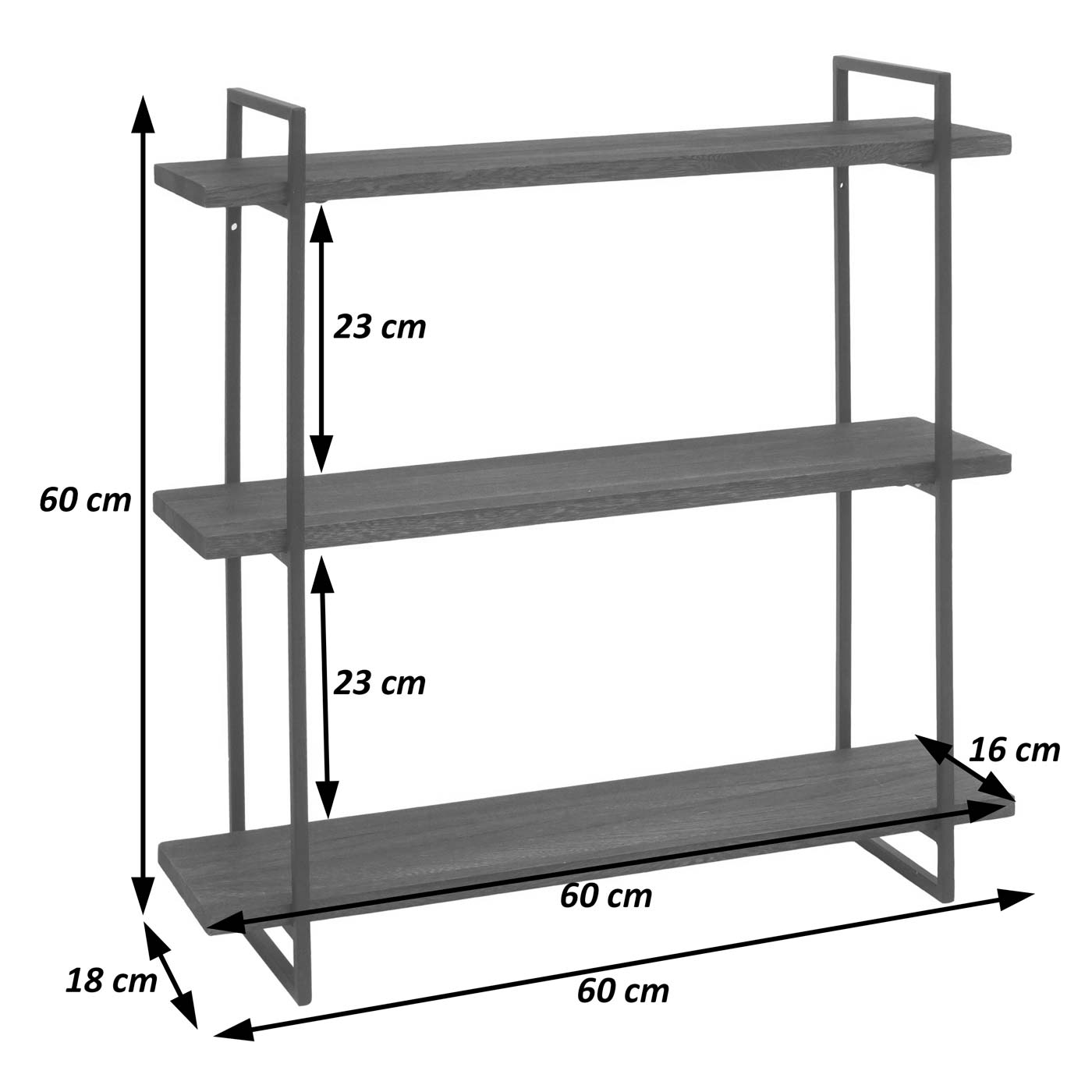 Wandplank MCW-K78, hangende plank, zwevende plank, 3 planken massief hout industrieel 60x60x18cm ~ donkerbruin, metaal zwart