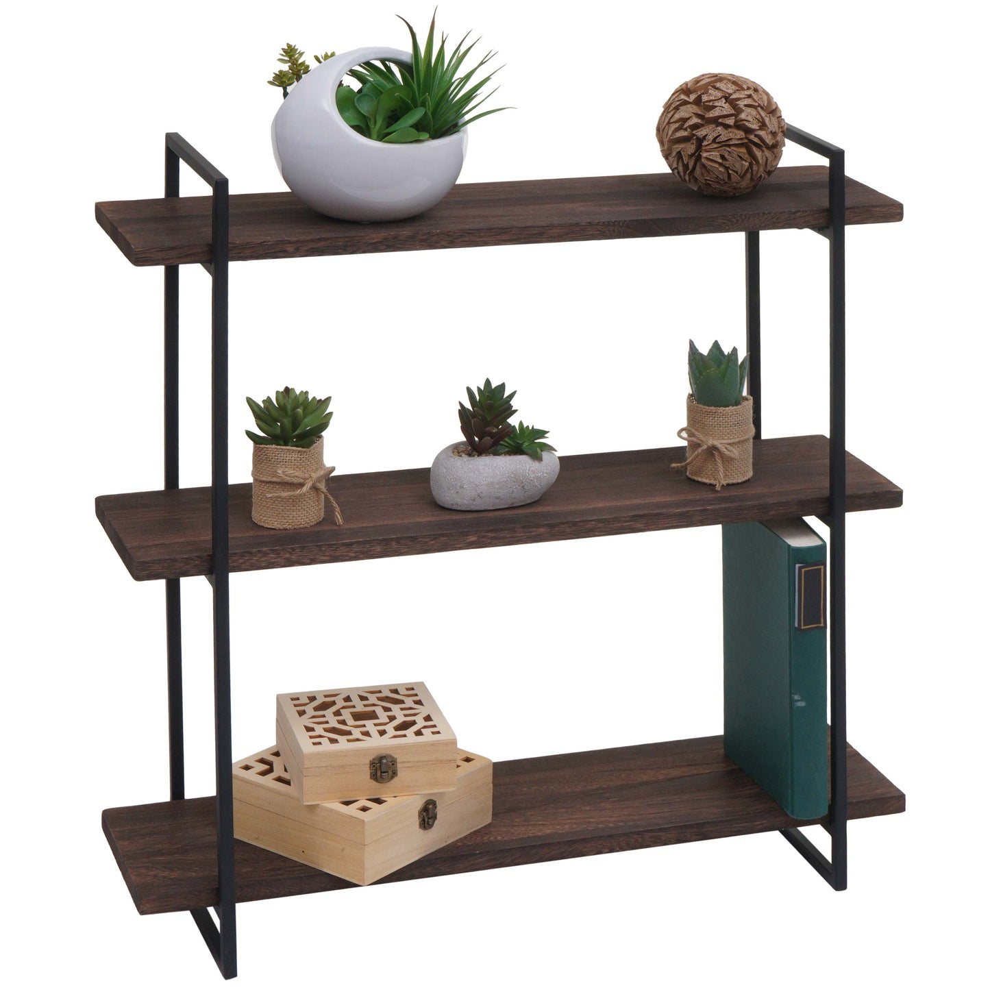 Wandplank MCW-K78, hangende plank, zwevende plank, 3 planken massief hout industrieel 60x60x18cm ~ donkerbruin, metaal zwart