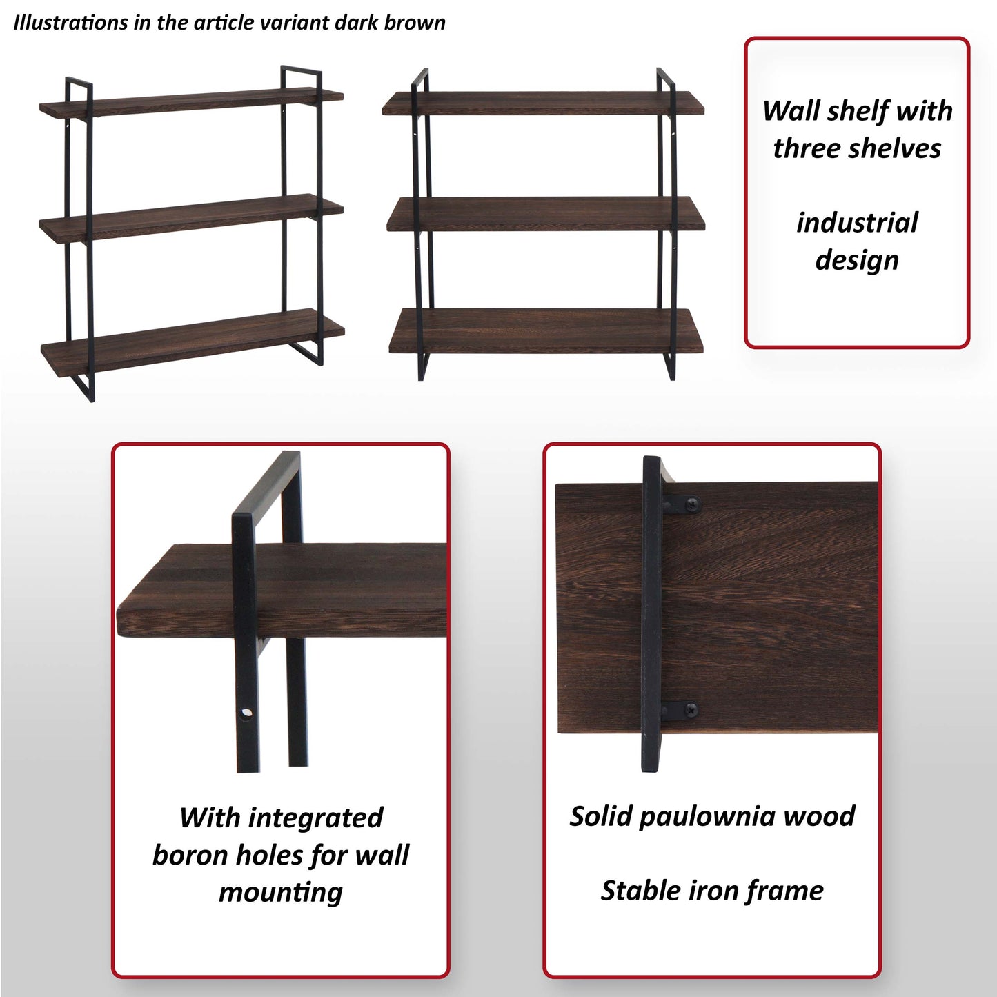 Wandplank MCW-K78, hangende plank, zwevende plank, 3 planken massief hout industrieel 60x60x18cm ~ donkerbruin, metaal zwart