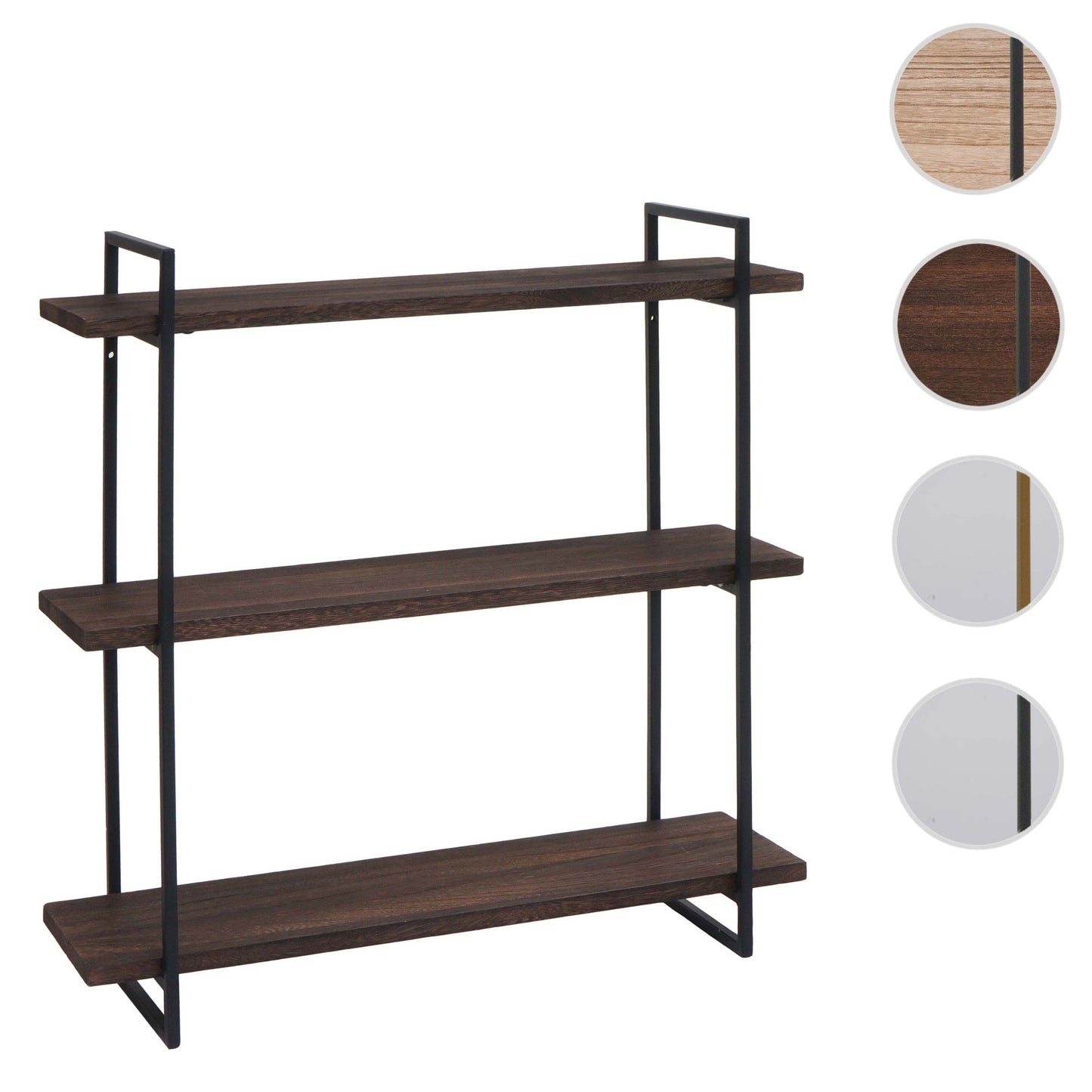 Wandplank MCW-K78, hangende plank, zwevende plank, 3 planken massief hout industrieel 60x60x18cm ~ donkerbruin, metaal zwart