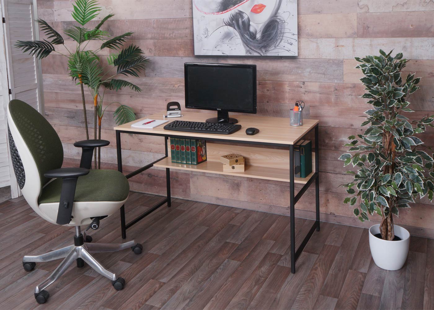 Bureau MCW-K80, bureau computer bureau werkblad, metaal MDF 120x60cm ~ natuur