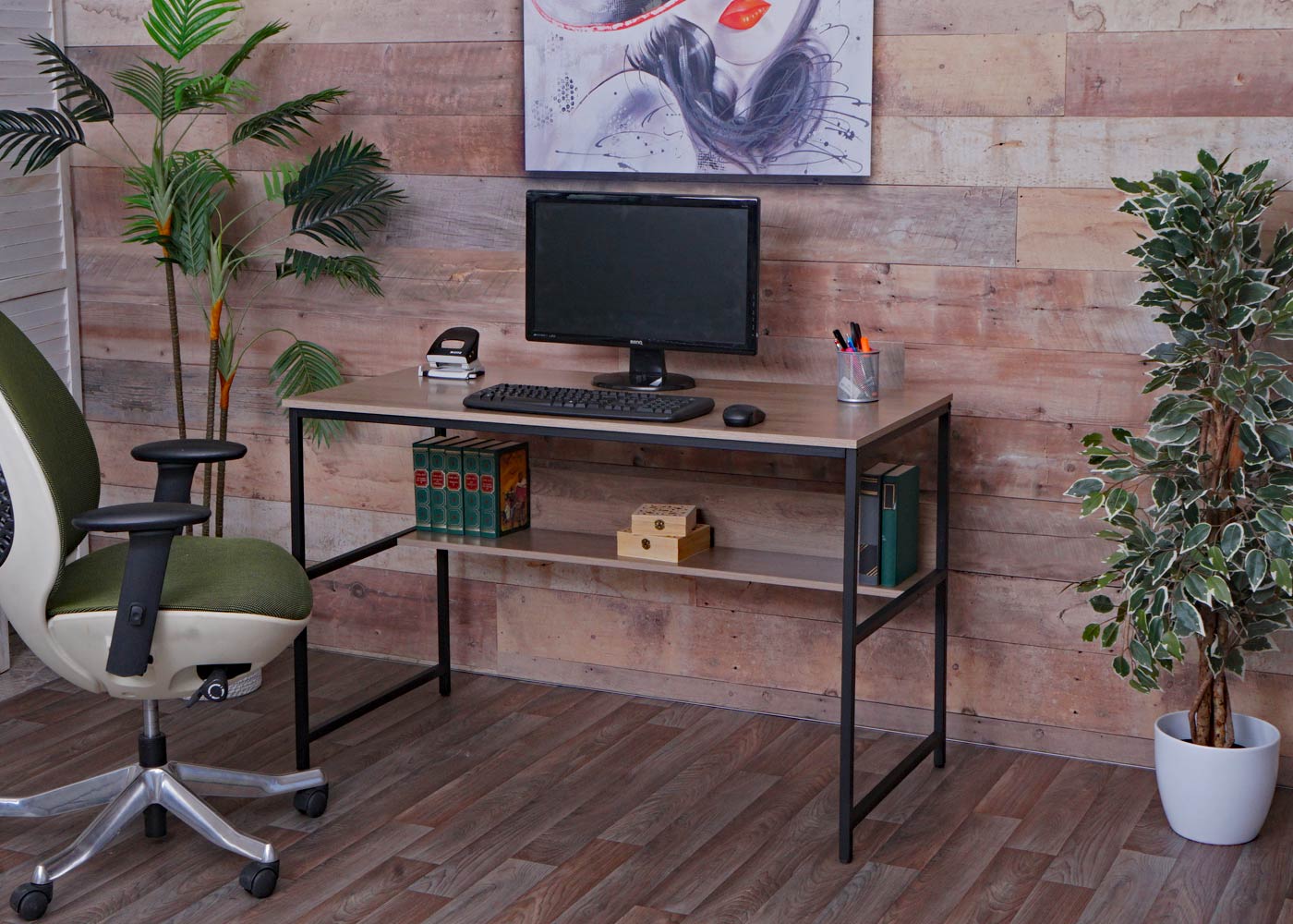 Bureau MCW-K80, bureau computer bureau werkblad, metaal MDF 120x60cm ~ grijsbruin