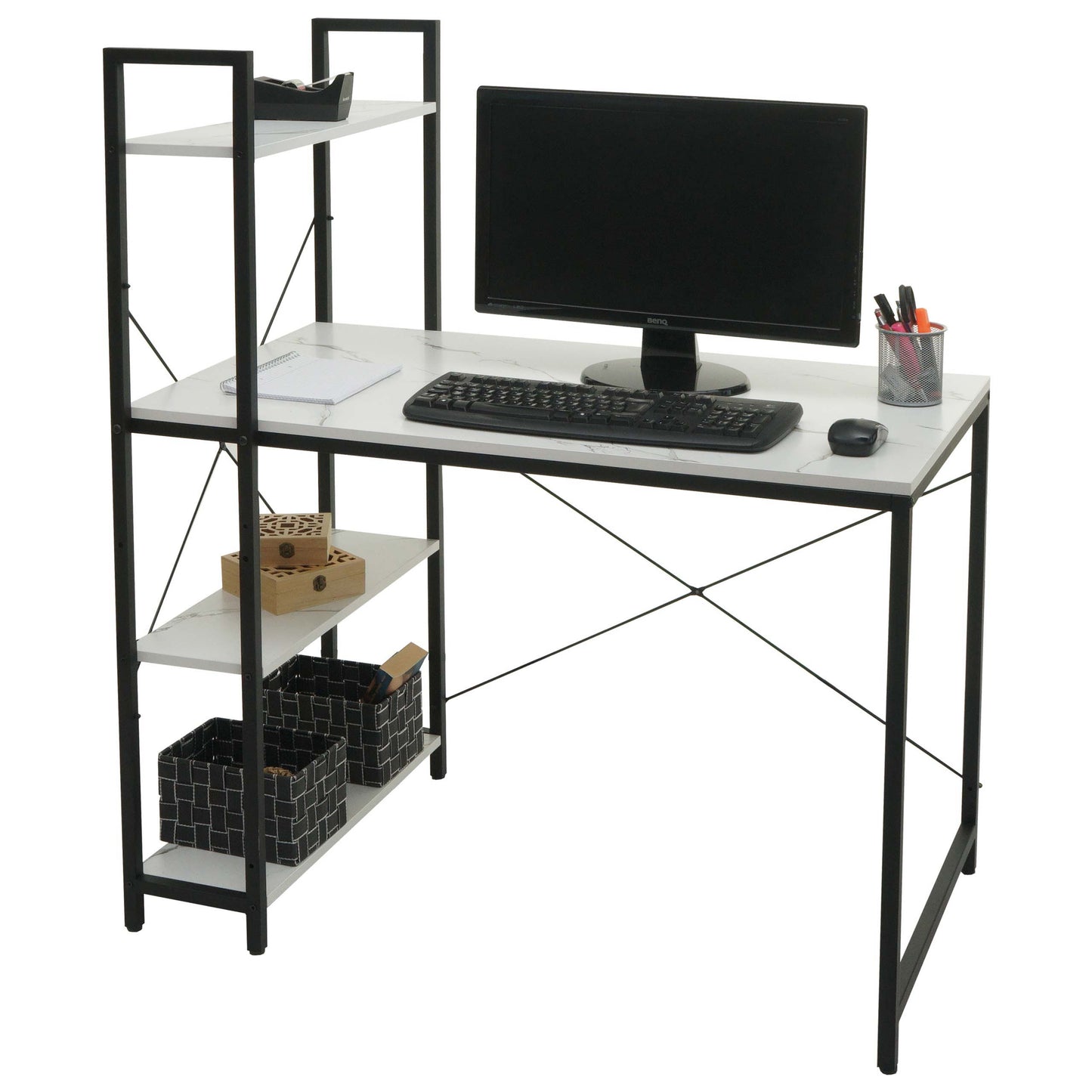 Bureau met legplank MCW-K81, laptoptafel bureau werktafel, 100x60cm metaal MDF ~ marmer-look wit