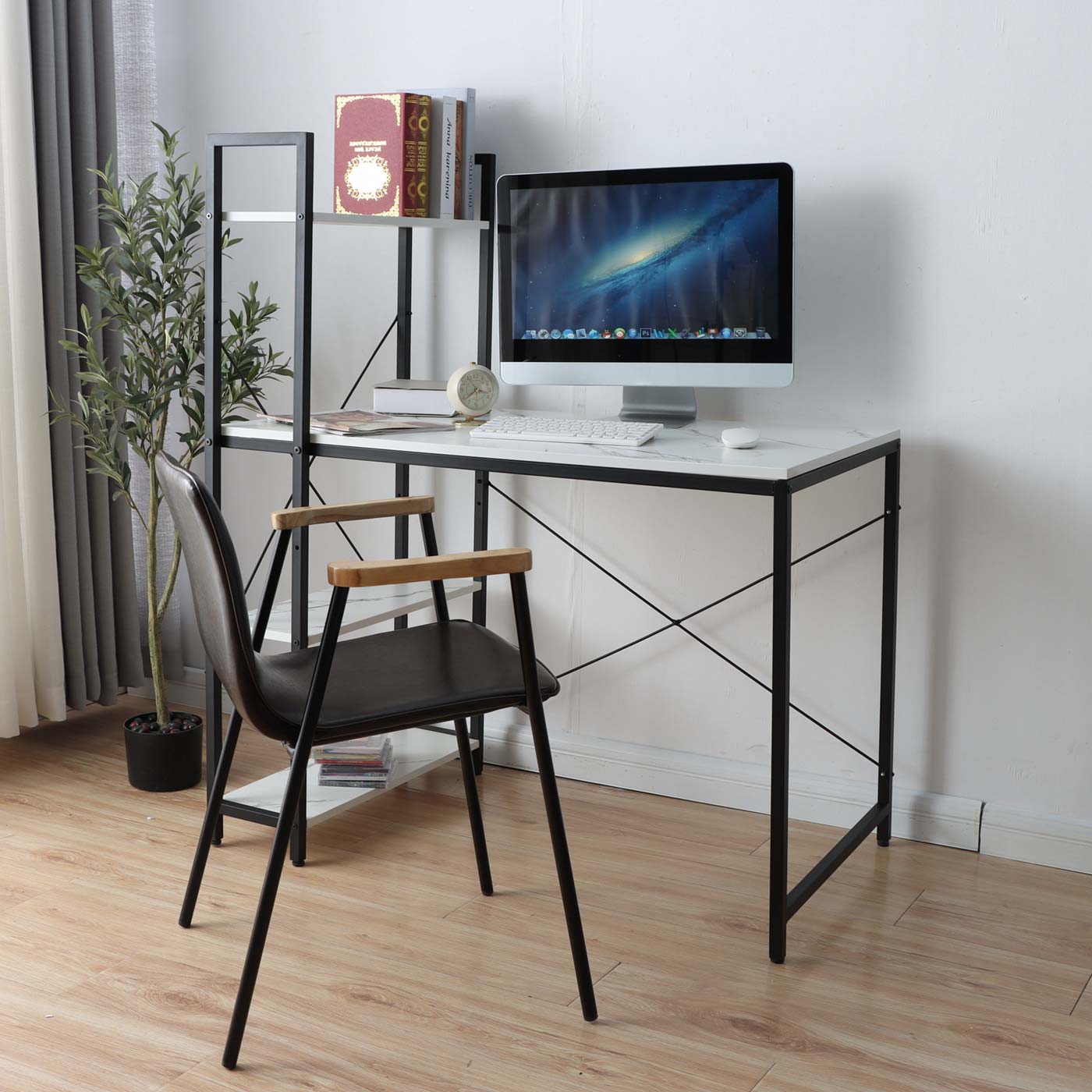 Bureau met legplank MCW-K81, laptoptafel bureau werktafel, 100x60cm metaal MDF ~ marmer-look wit