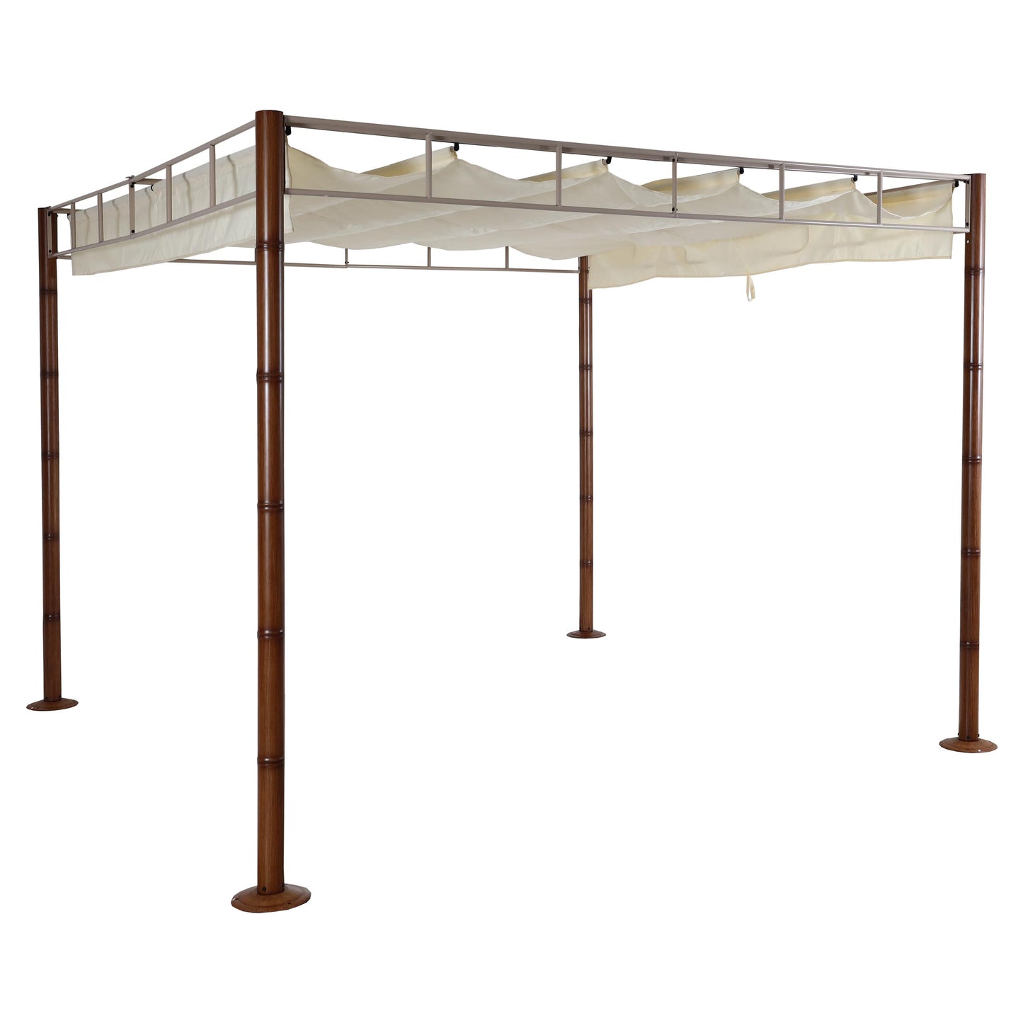Pergola MCW-L42, tuinpaviljoen terrasoverkapping, stevig 7cm metalen frame 3x3m bamboe look ~ crème-wit