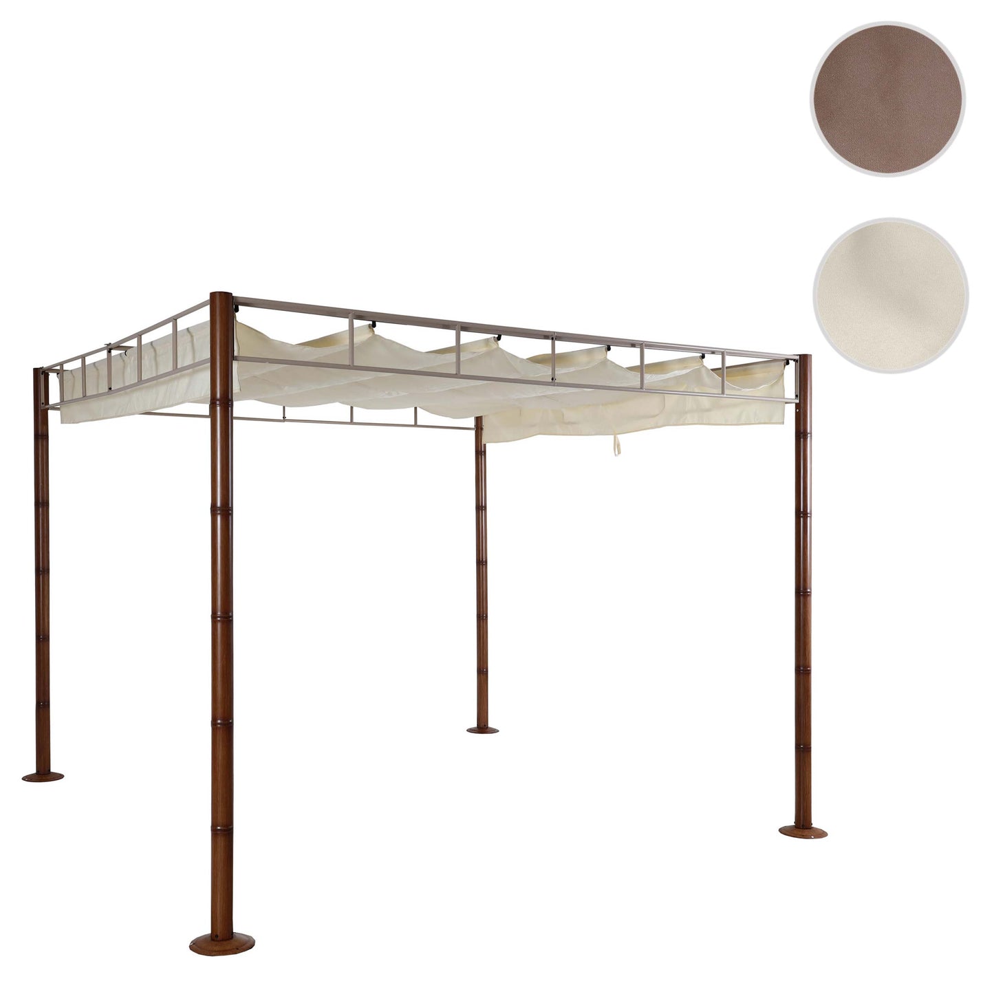 Pergola MCW-L42, tuinpaviljoen terrasoverkapping, stevig 7cm metalen frame 3x3m bamboe look ~ crème-wit