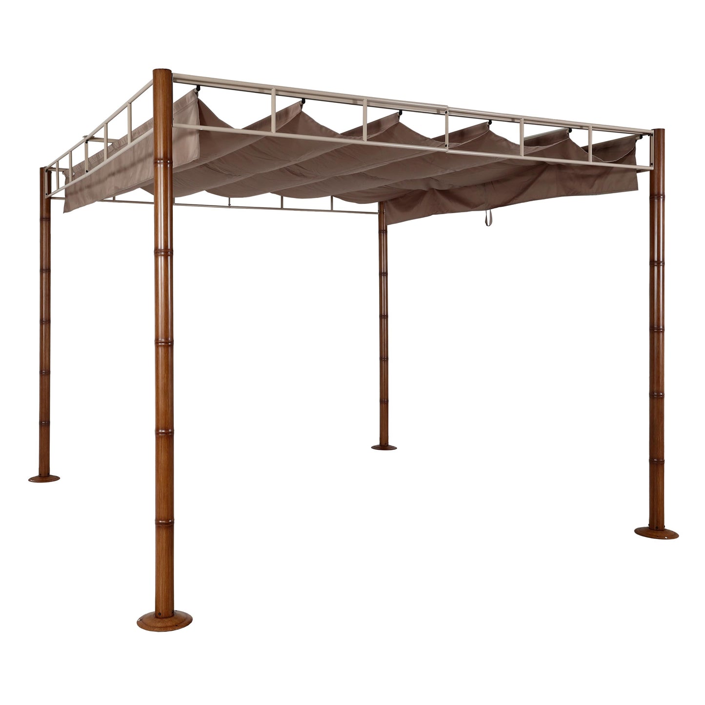 Pergola MCW-L42, tuinpaviljoen terrasoverkapping, stevig 7cm metalen frame 3x3m bamboe look ~ taupe-bruin
