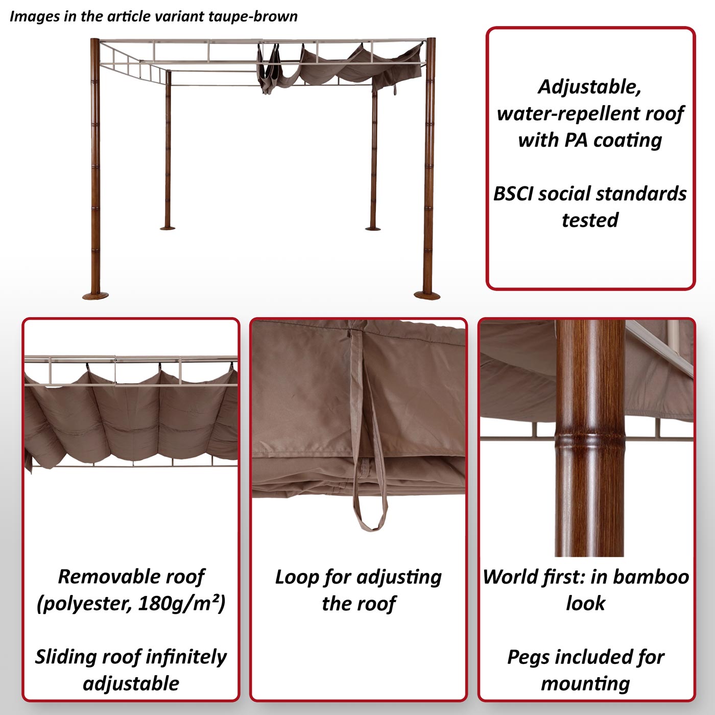 Pergola MCW-L42, tuinpaviljoen terrasoverkapping, stevig 7cm metalen frame 3x3m bamboe look ~ taupe-bruin