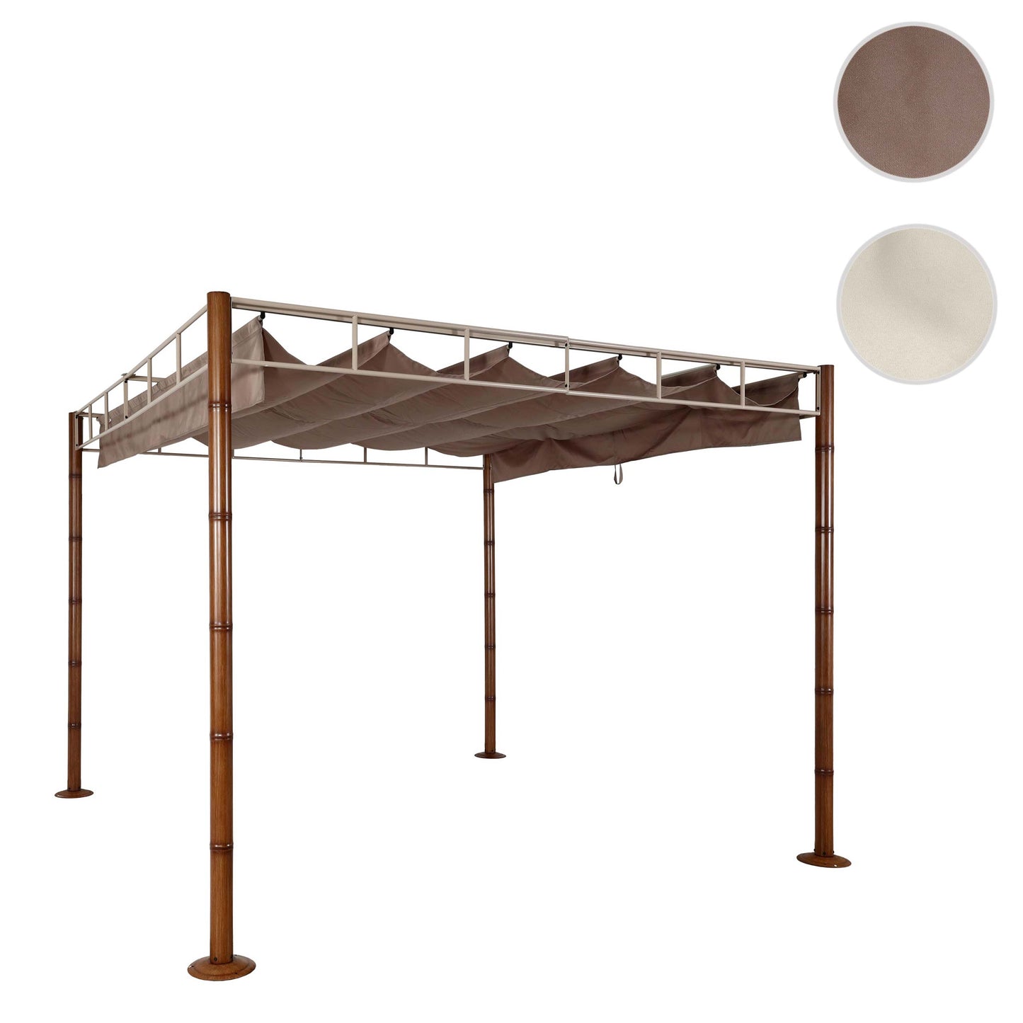 Pergola MCW-L42, tuinpaviljoen terrasoverkapping, stevig 7cm metalen frame 3x3m bamboe look ~ taupe-bruin