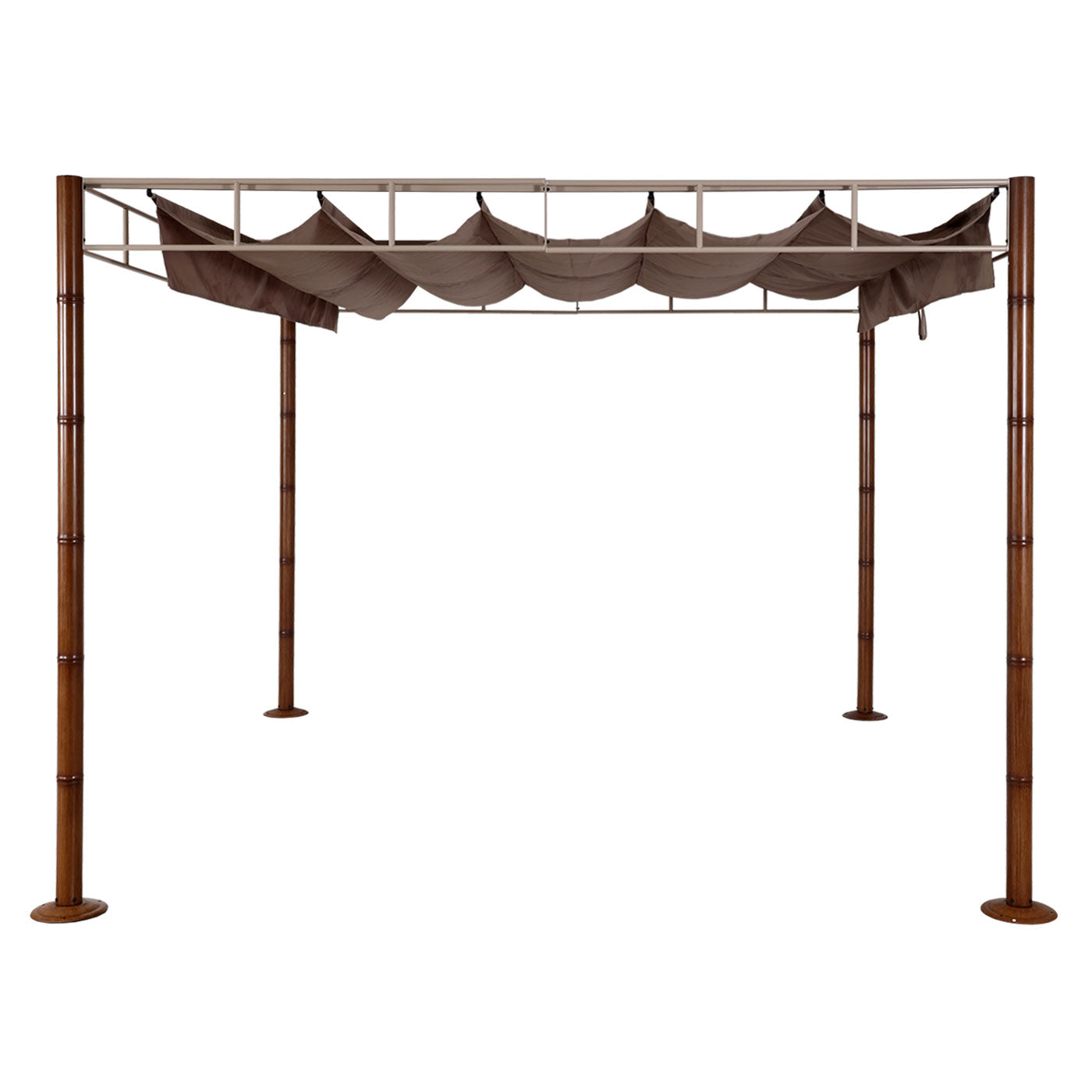 Pergola MCW-L42, tuinpaviljoen terrasoverkapping, stevig 7cm metalen frame 3x3m bamboe look ~ taupe-bruin