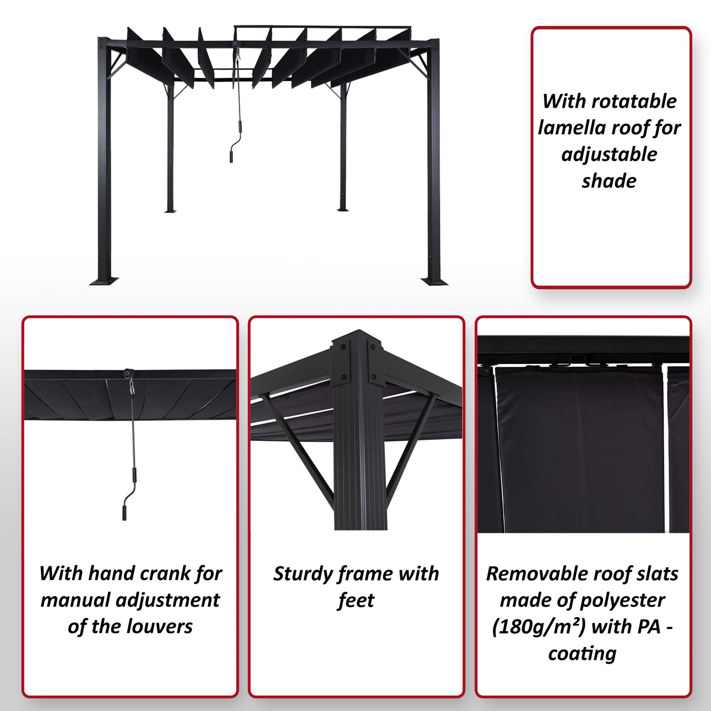 Pergola MCW-L40, tuinrooster paviljoen terrasoverkapping, 8cm aluminium frame doek/textiel, 3x3m antraciet