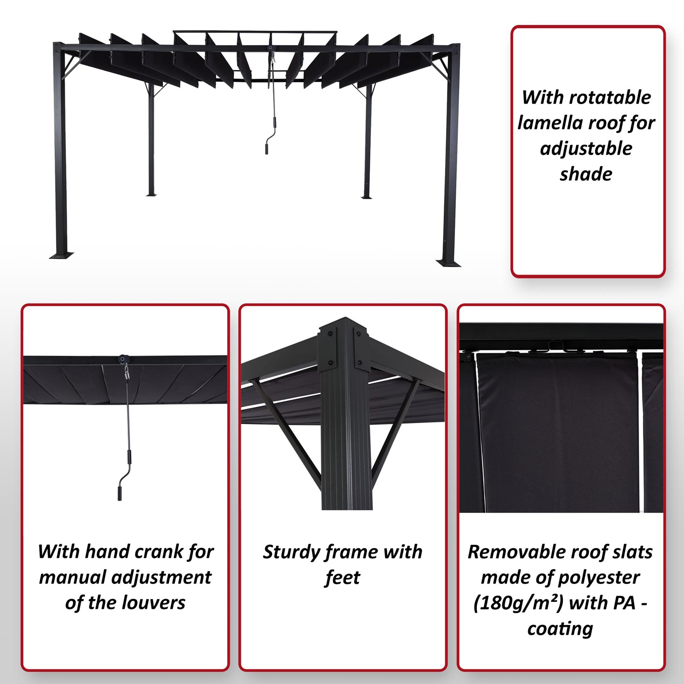 Pergola MCW-L40, tuinrooster paviljoen terrasoverkapping, 8cm aluminium frame doek/textiel, 3x4m antraciet