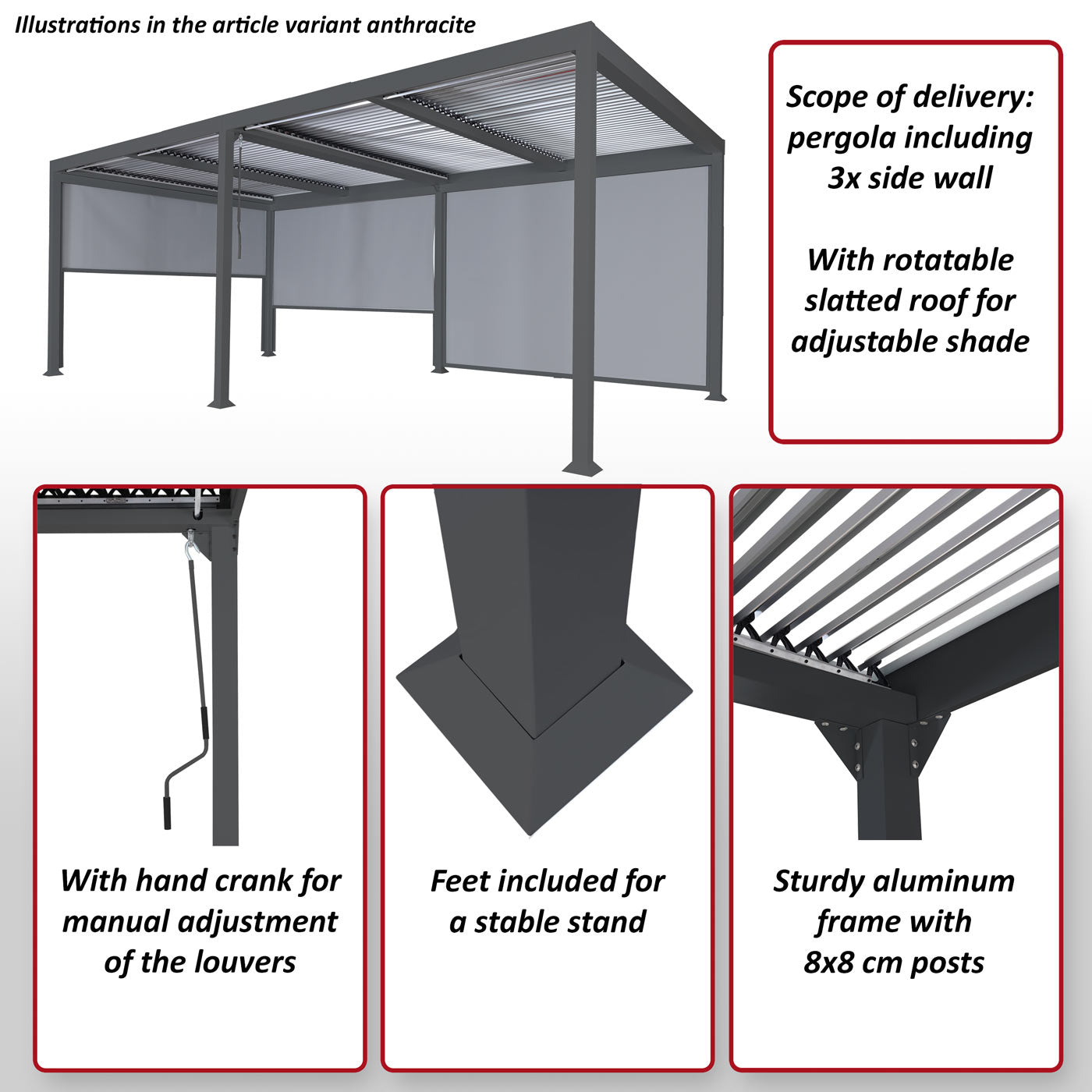 Aluminium pergola MCW-L41 met 3x zijwand, lamellenpaviljoen, stevig 8cm metalen frame 3x6m ~ wit