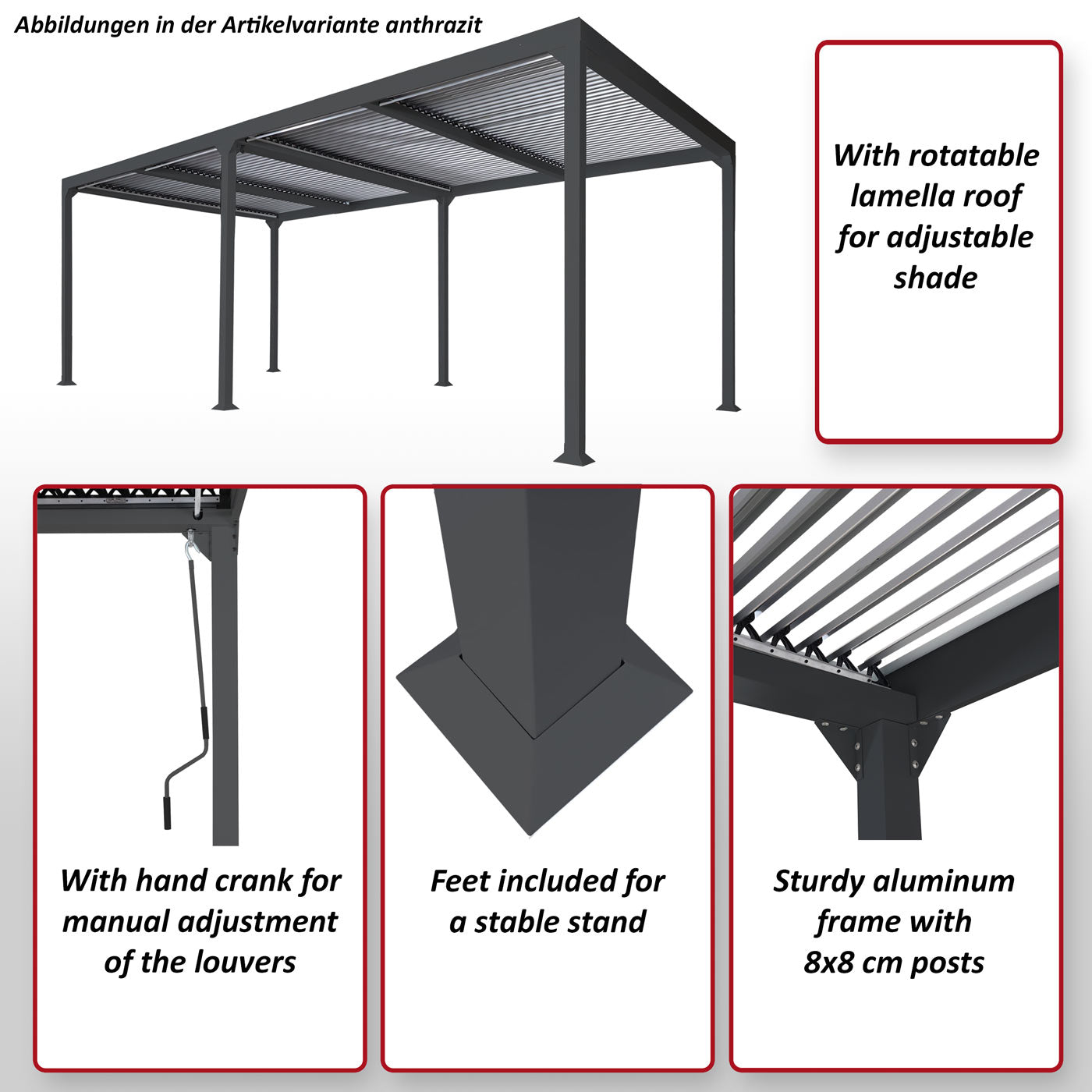 Aluminium pergola MCW-L41, lamellen paviljoen terrasoverkapping, stevig 8cm metalen frame 3x6m ~ antraciet