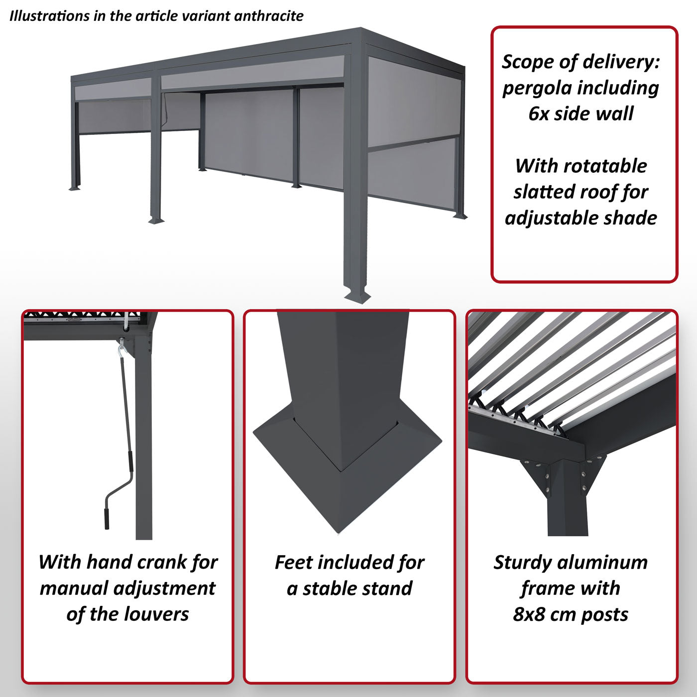 Aluminium pergola MCW-L41 met 6x zijwand, lamellenpaviljoen, stevig 8cm metalen frame 3x6m ~ wit