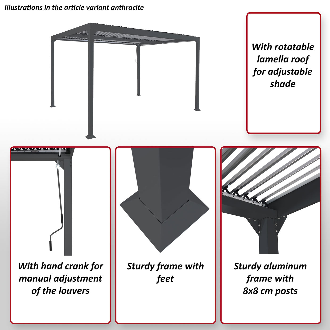 Aluminium pergola MCW-L41, lamellen paviljoen terrasoverkapping, stevig 8cm metalen frame 3x3m ~ wit