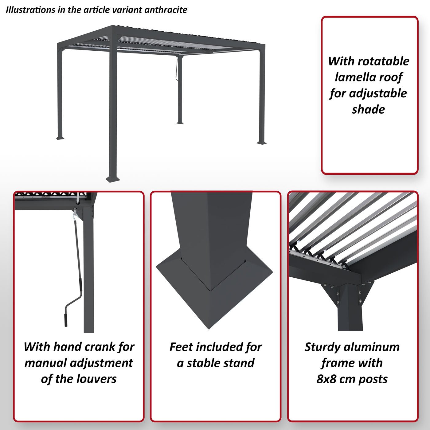 Aluminium pergola MCW-L41, lamellen paviljoen terrasoverkapping, stevig 8cm metalen frame 3x3,7m ~ wit