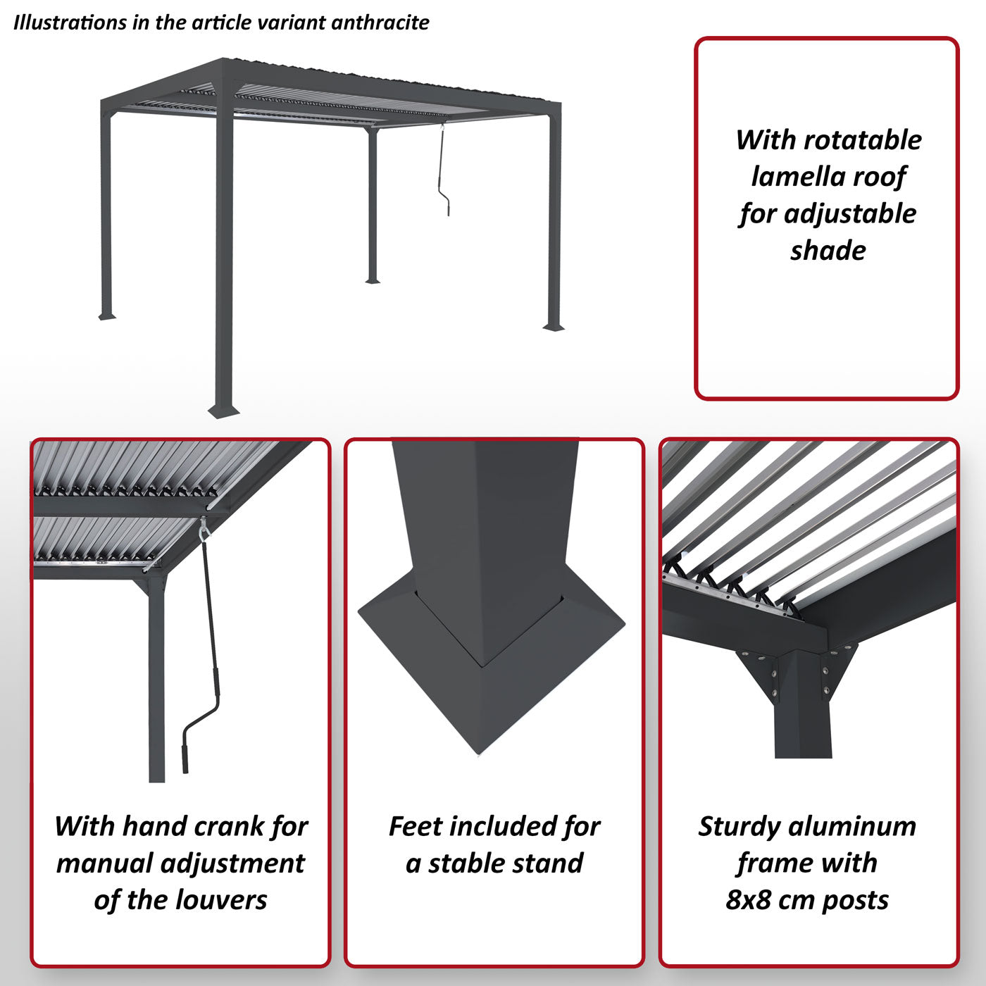 Aluminium pergola MCW-L41, lamellen paviljoen terrasoverkapping, stevig 8cm metalen frame 3x3,7m ~ antraciet