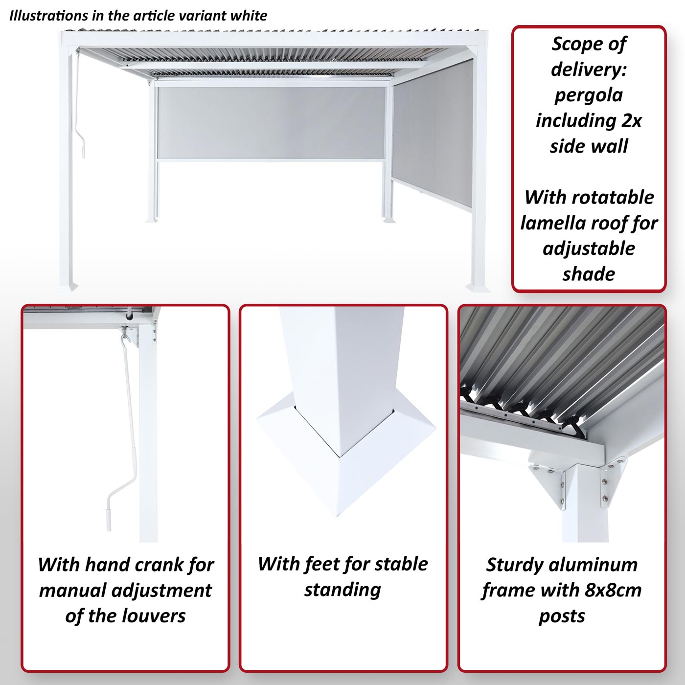 Aluminium pergola MCW-L41 met 2x zijwand, lamellenpaviljoen, stevig 8cm metalen frame 3x3m ~ antraciet