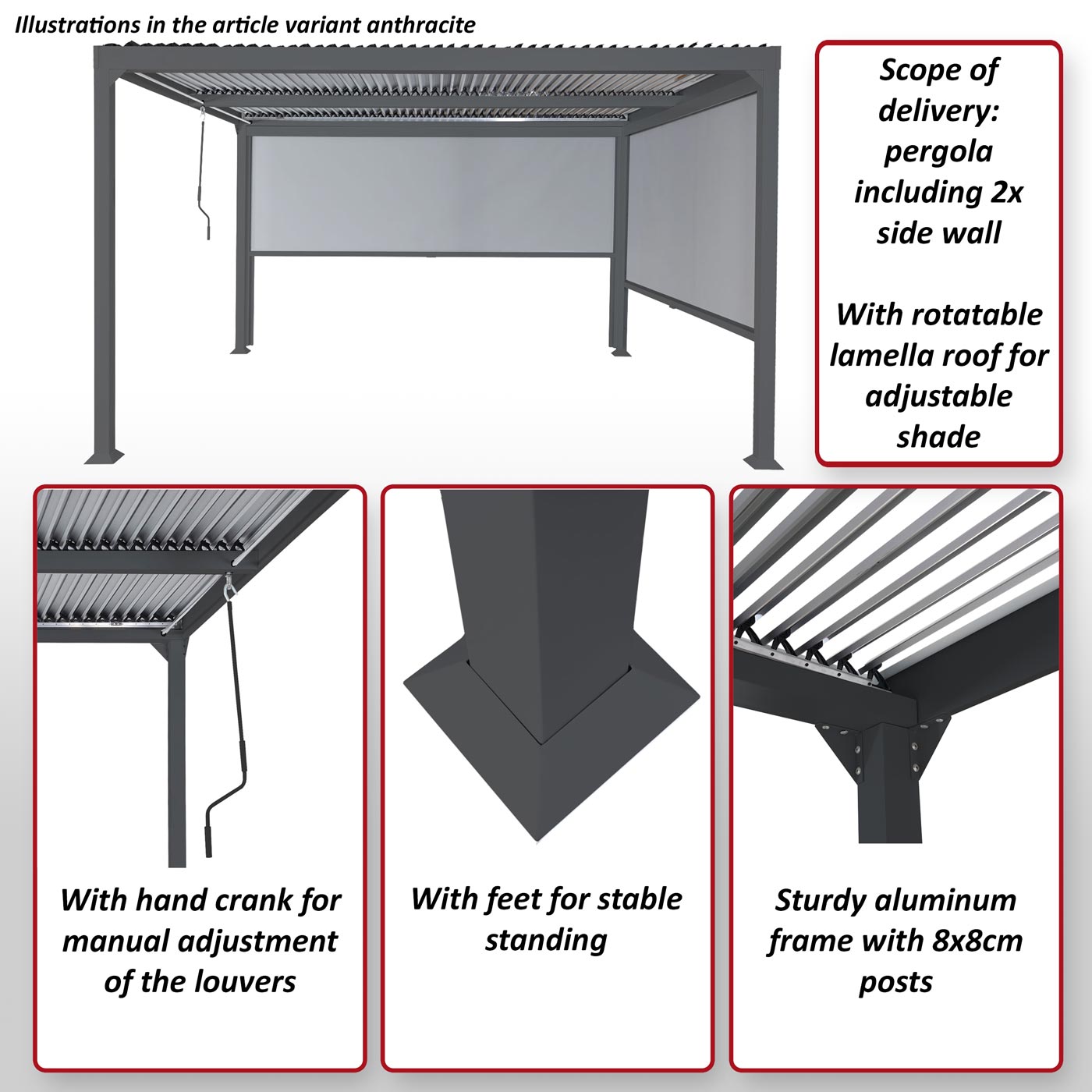Aluminium pergola MCW-L41 met 2x zijwand, lamellenpaviljoen, stevig 8cm metalen frame 3x3,7m ~ antraciet