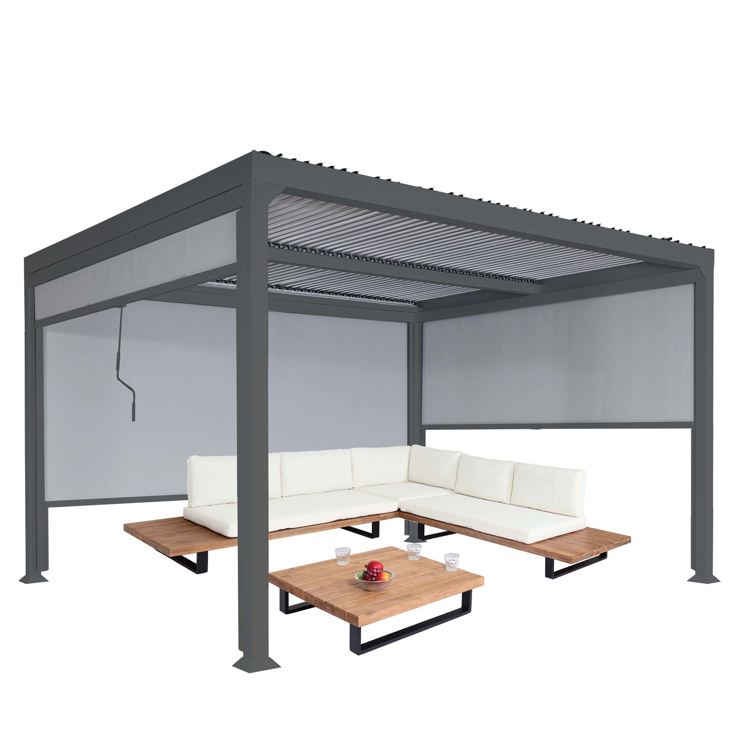 Aluminium pergola MCW-L41 met 3x zijwand, lamellenpaviljoen, stevig 8cm metalen frame 3x3,7m ~ antraciet