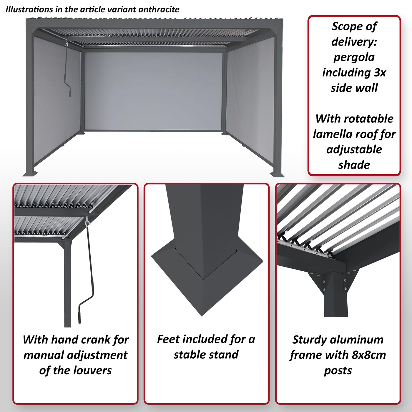 Aluminium pergola MCW-L41 met 3x zijwand, lamellenpaviljoen, stevig 8cm metalen frame 3x3,7m ~ antraciet
