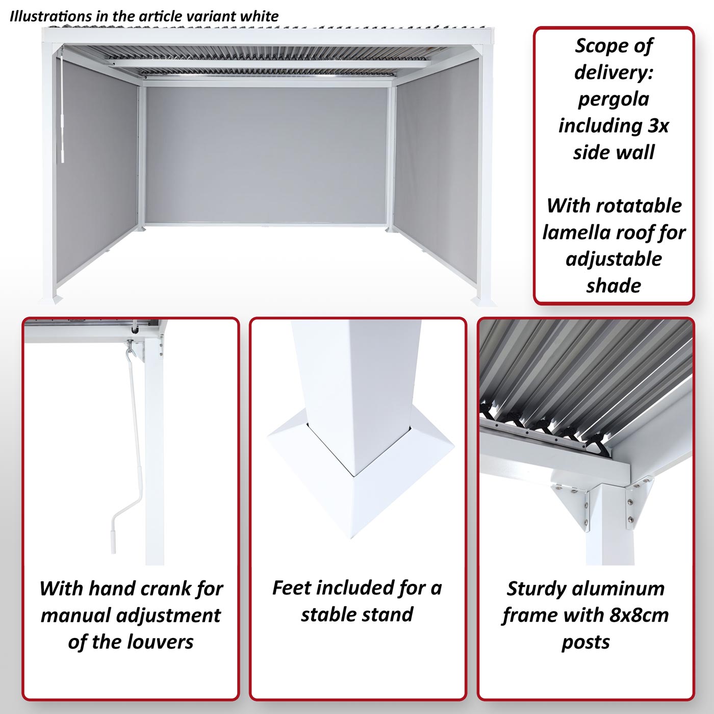 Aluminium pergola MCW-L41 met 3x zijwand, lamellenpaviljoen, stevig 8cm metalen frame 3x3,7m ~ wit